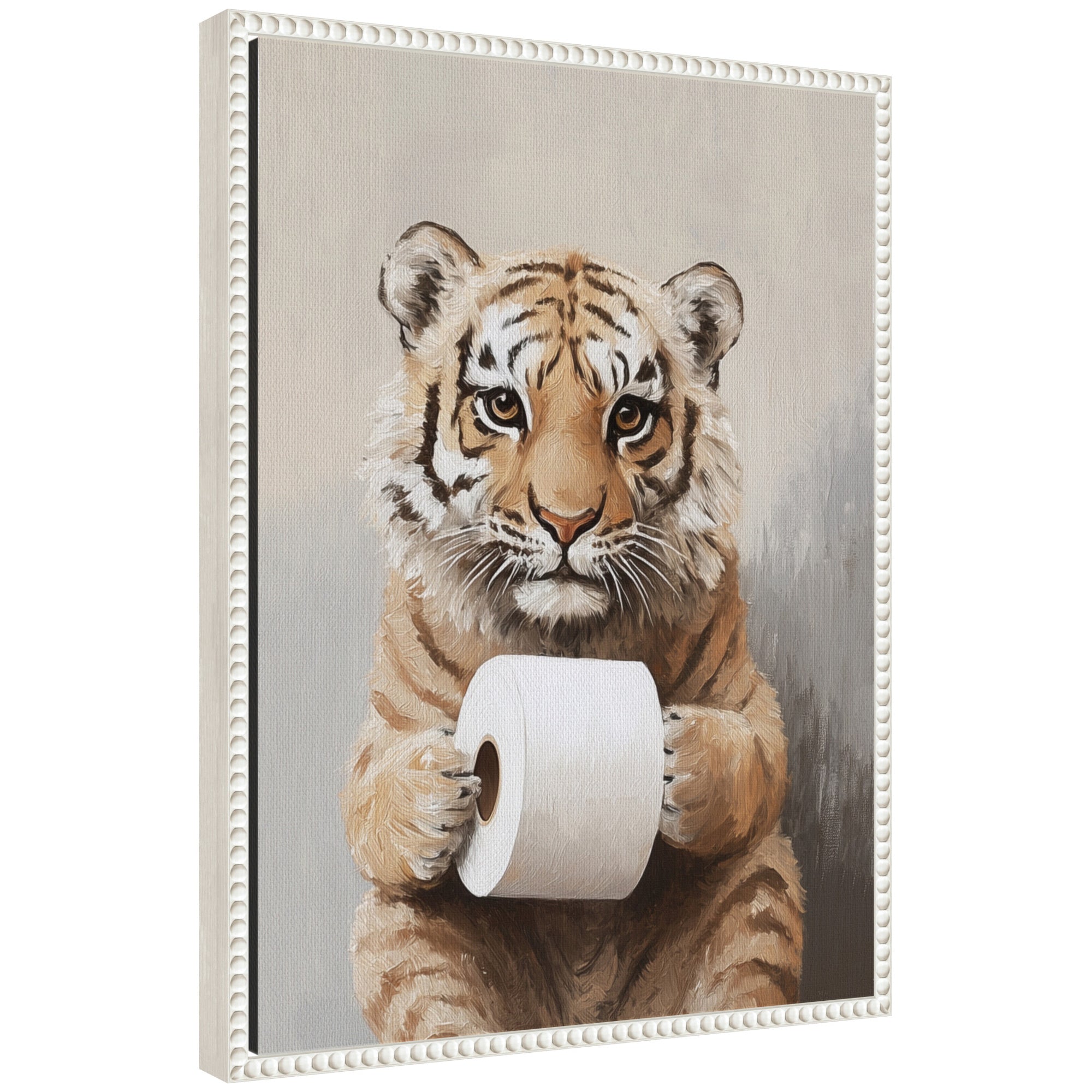 Sylvie Tiger Cub Holding Toilet Paper Roll Bathroom Art Framed Canvas by The Creative Bunch Studio