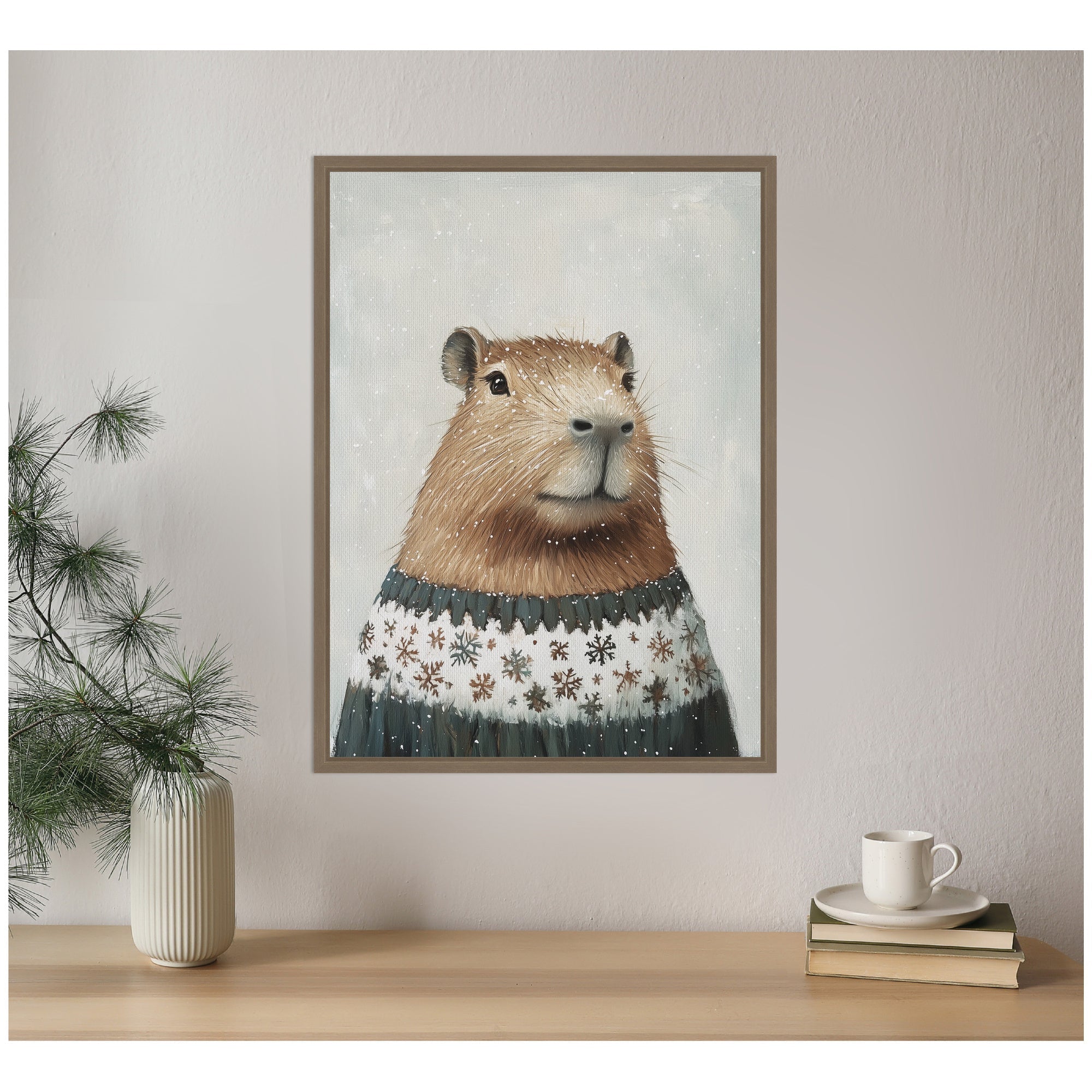 Sylvie Framed Canvas Capybara in Winter Snowflake Sweater by The Creative Bunch Studio