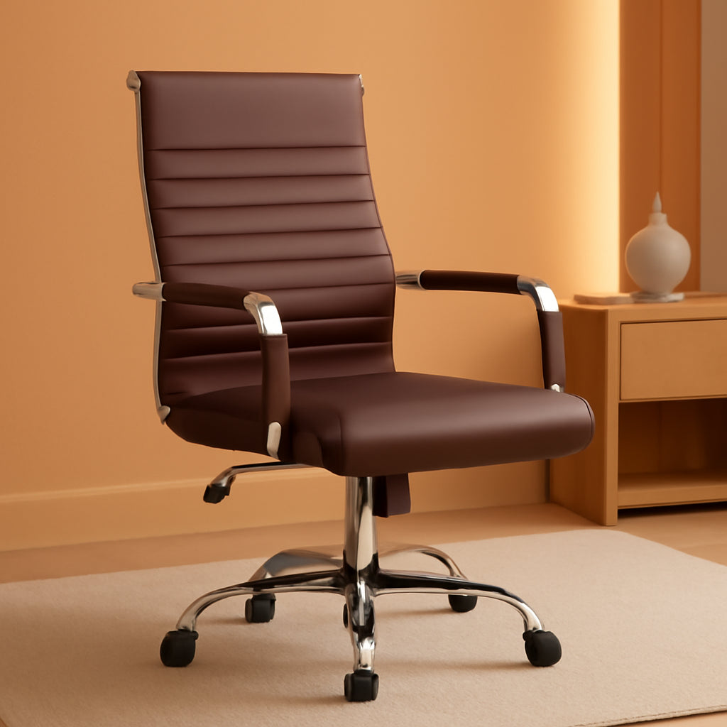 Ribbed PU Leather Office Chair With Arms Brown Adjustable