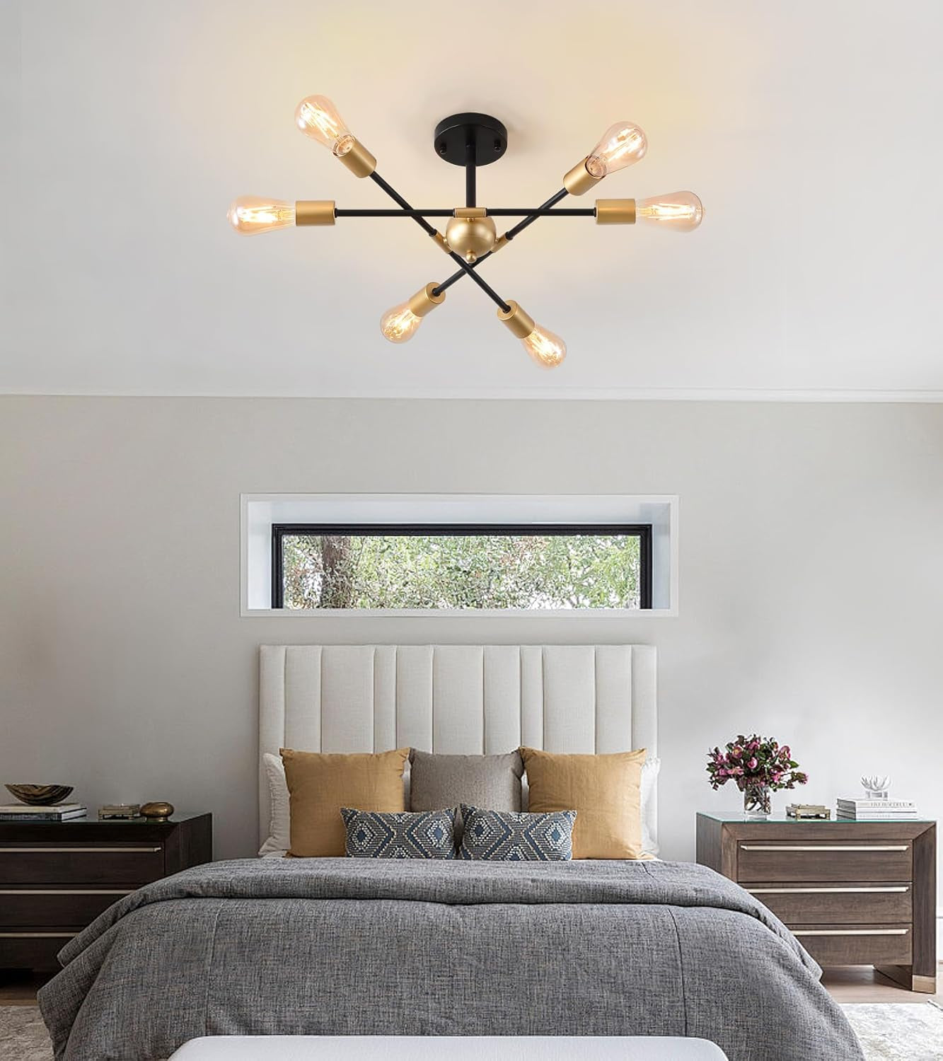 Black And Gold 6 Light Sputnik Ceiling Chandelier Semi Flush Mount UL Listed