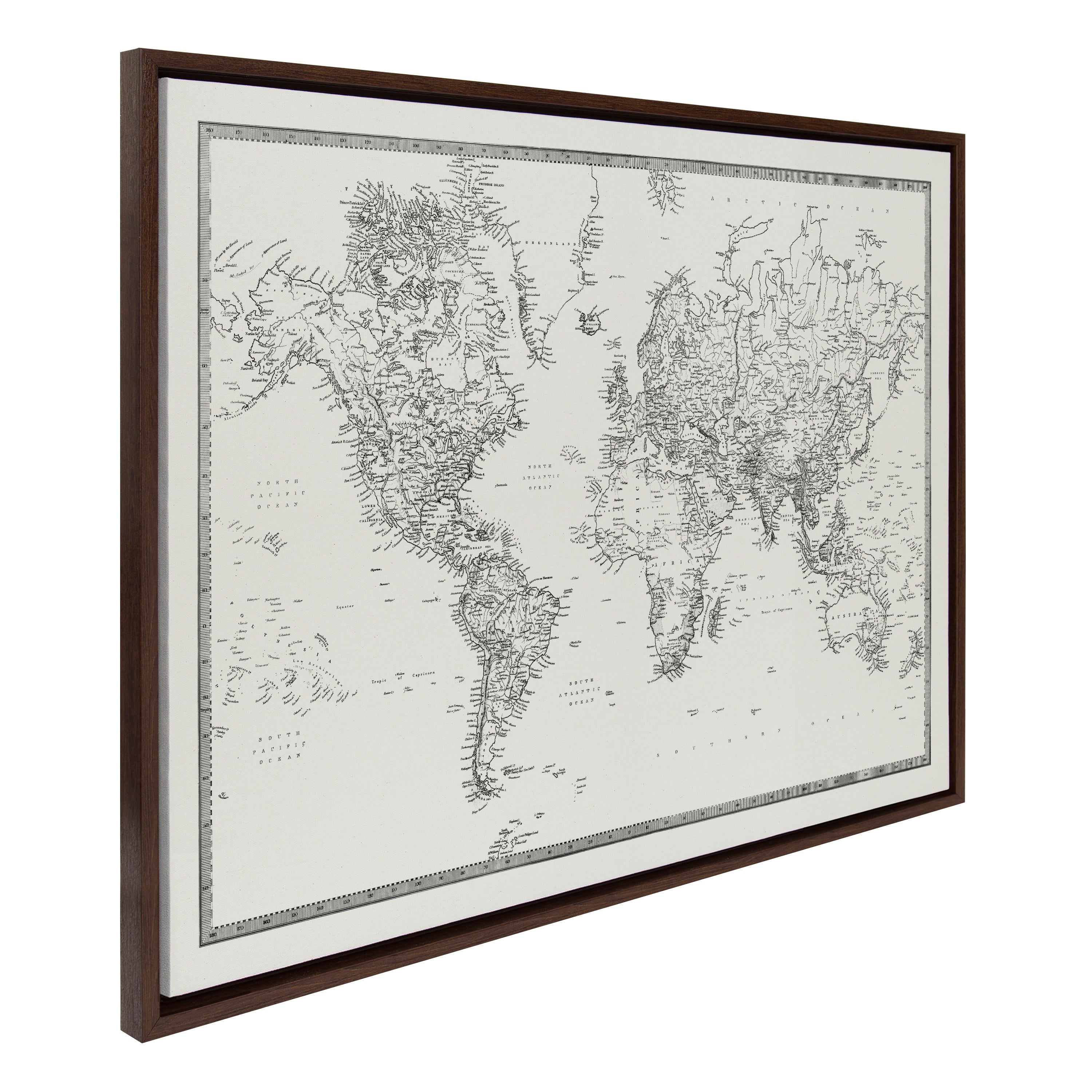 Sylvie Vintage Black and White World Map Framed Canvas by The Creative Bunch Studio