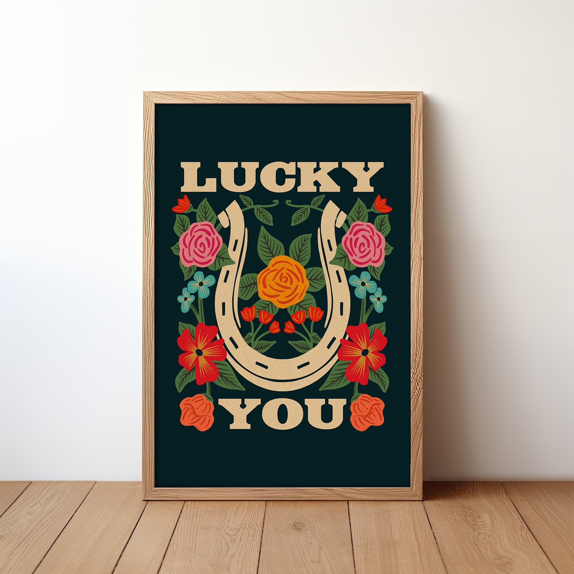 Lucky You Floral Horseshoe Art Print - Navy