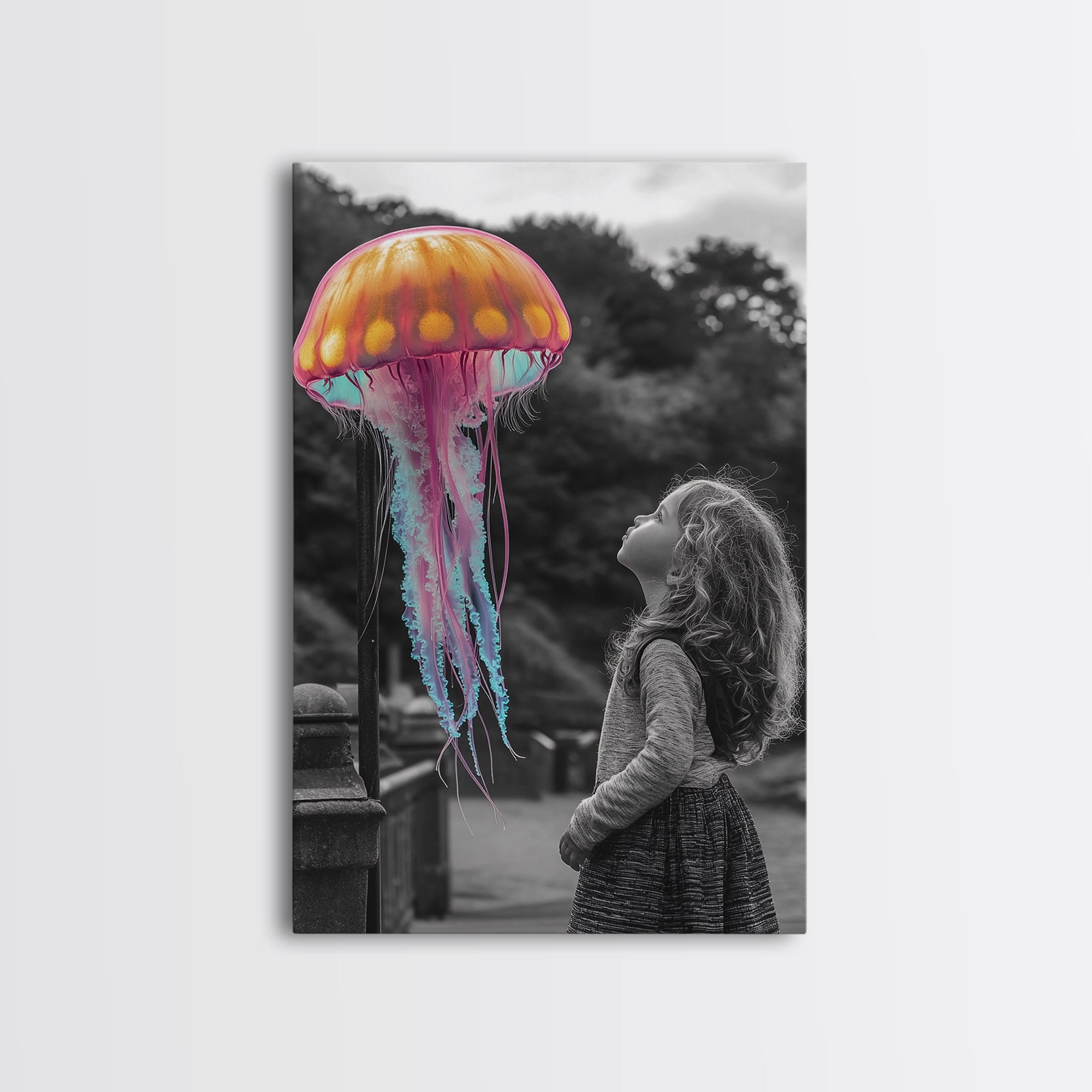 Surreal Jellyfish, Child Wonder, Fantasy Ocean Scene, Framed Canvas Print, Kids Room Wall Art, Vibrant Color Pop Art, Dreamy Decor