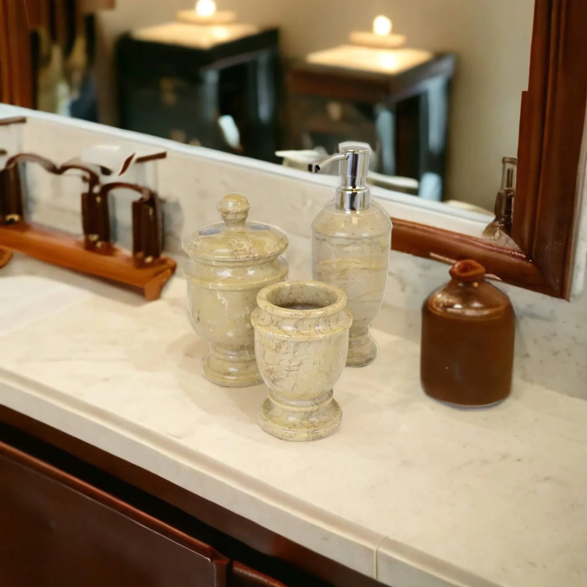3 Piece Bathroom Accessory Set- Elegant Bathroom set in Sahara Beige Marble