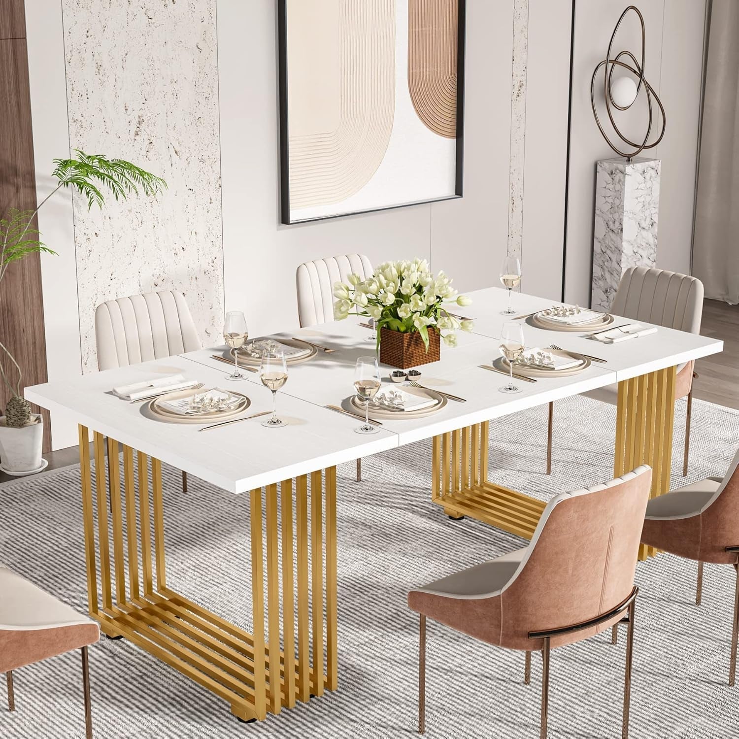 White Gold Wood Dining Table 70 Inch Rectangular For Dining Room