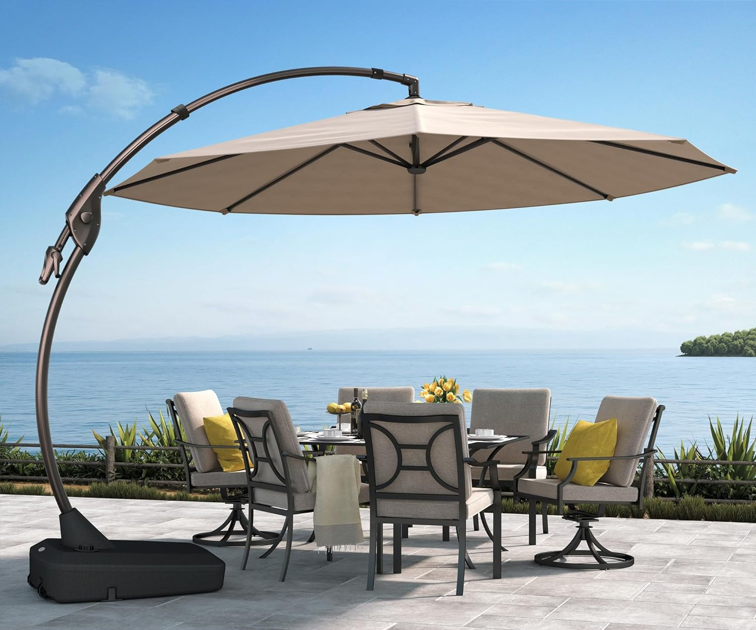 11ft Cantilever Umbrella With Base Champagne Aluminum Outdoor Patio Shade Durable Frame