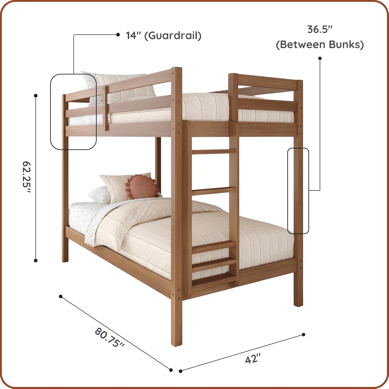 Engineered Wood Twin Over Twin Bunk Bed With Ladder Oak Finish