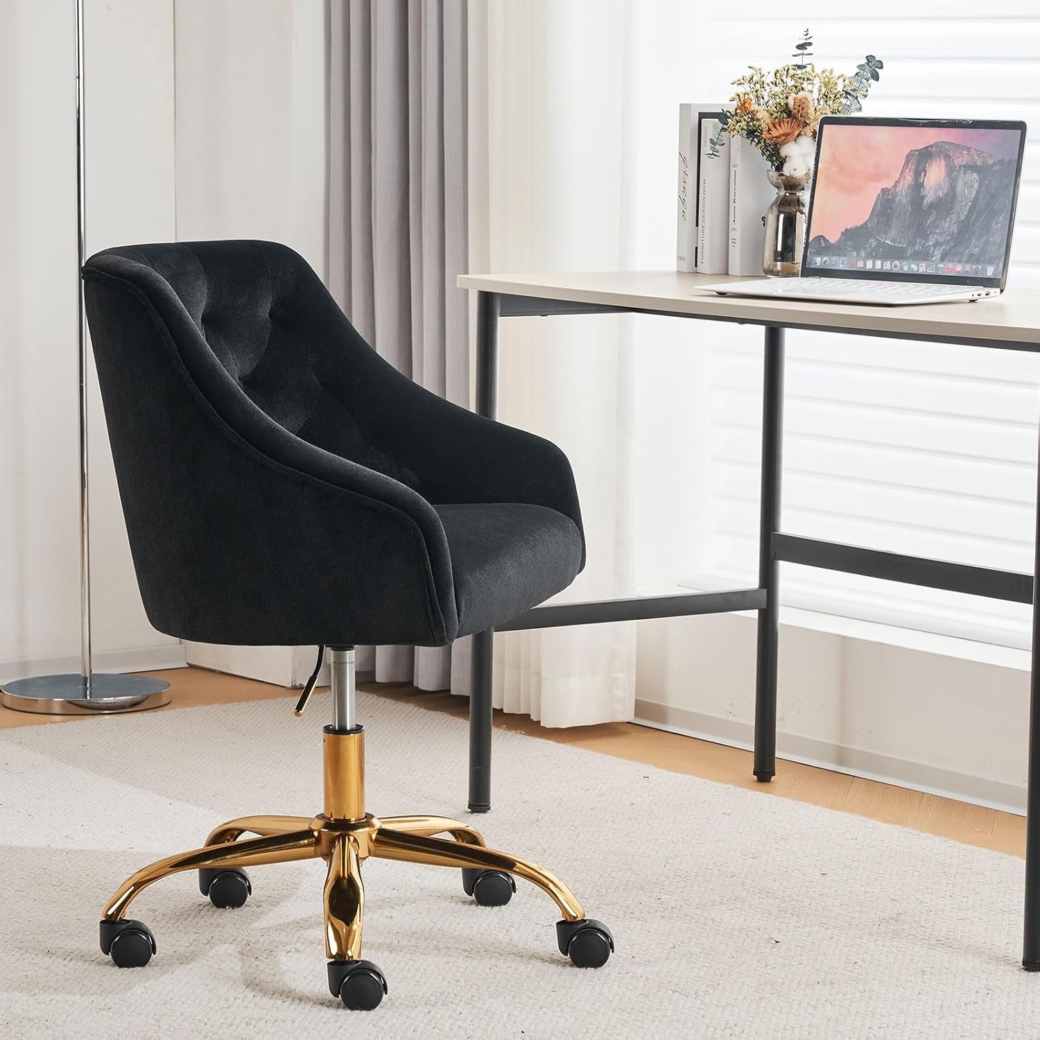Black Velvet Office Chair 360 Swivel For Home Office