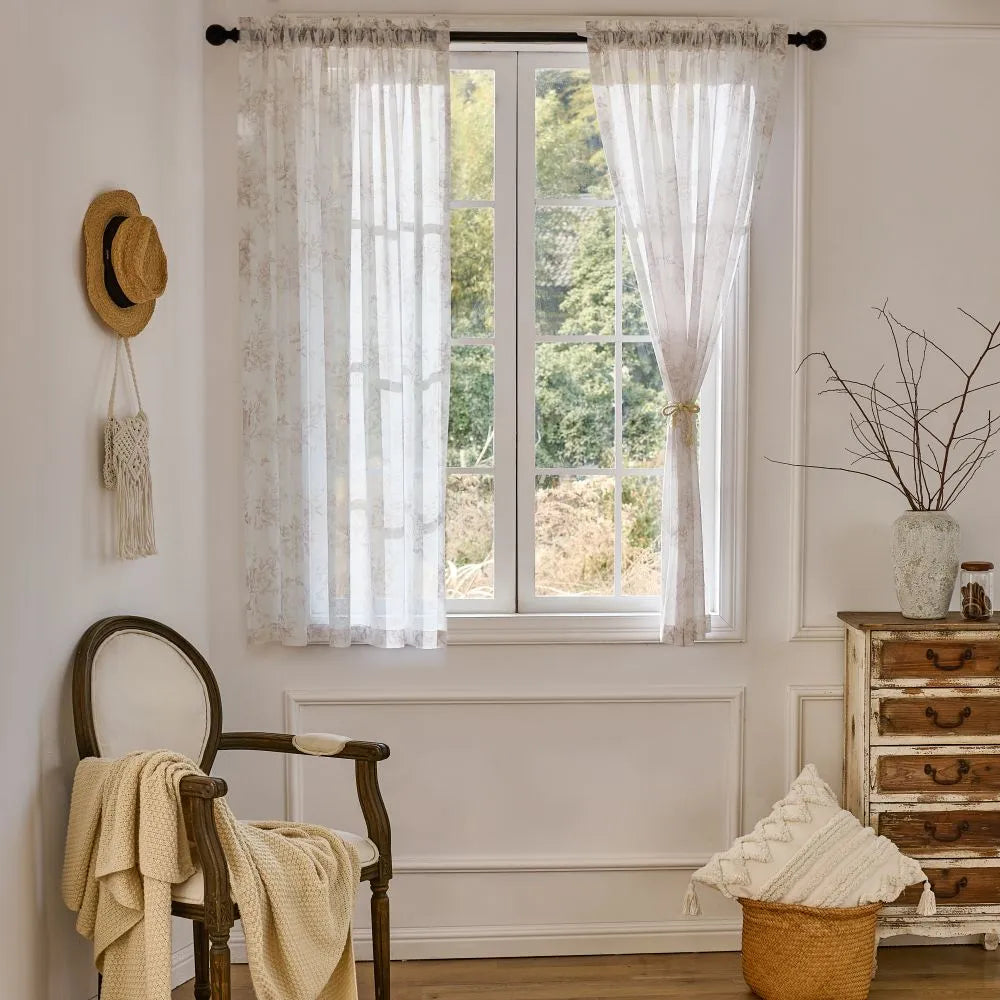 Ivanna Farmhouse Floral Toile Print Sheer Curtains