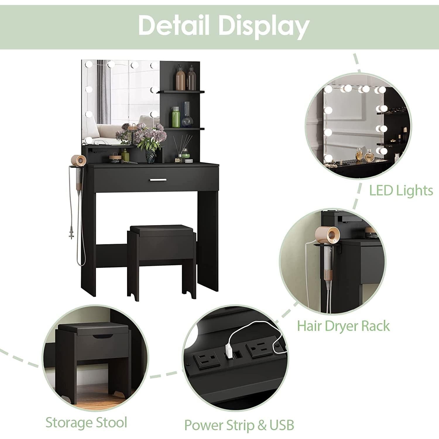 Black Makeup Vanity Table With Lighted Mirror And USB Ports