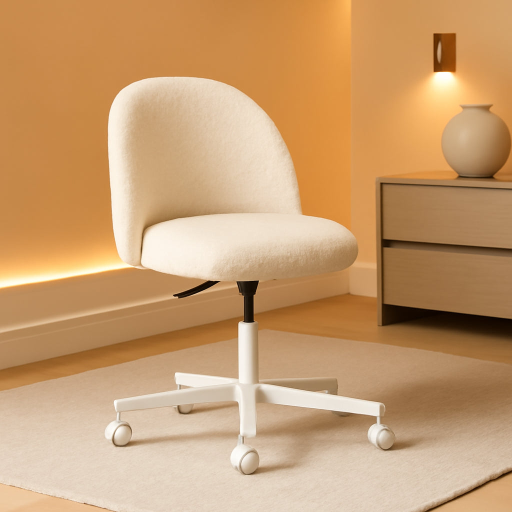 Armless Creamy Beige Teddy Fleece Office Desk Chair With Wheels