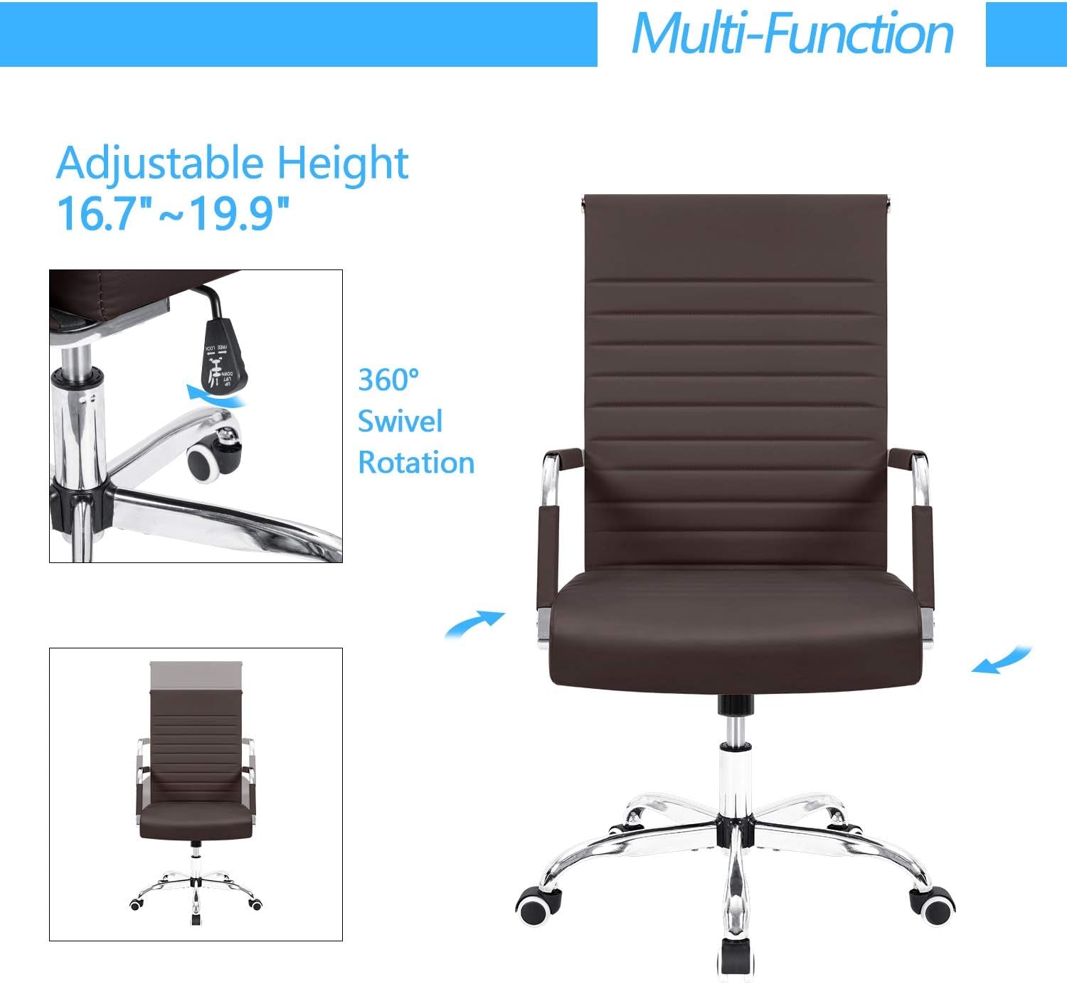 Ribbed PU Leather Office Chair With Arms Brown Adjustable