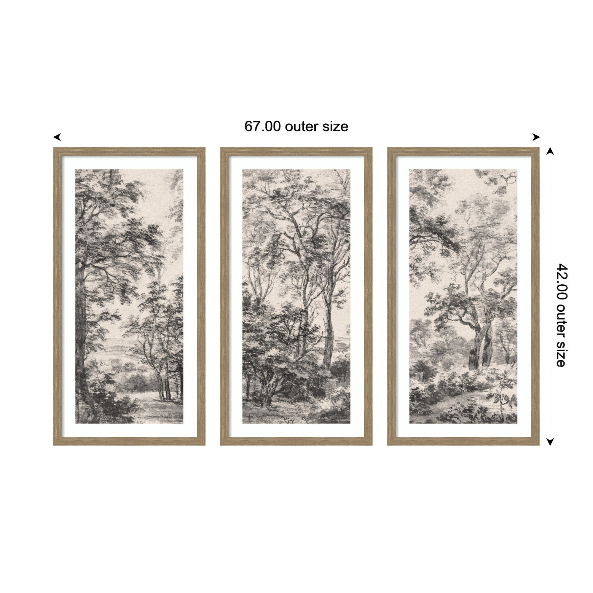 Wooded Landscape after 1648 Antonie Waterloo Linen Panel 3 Piece Framed Wall Art Print Set by Nostalgia Prints