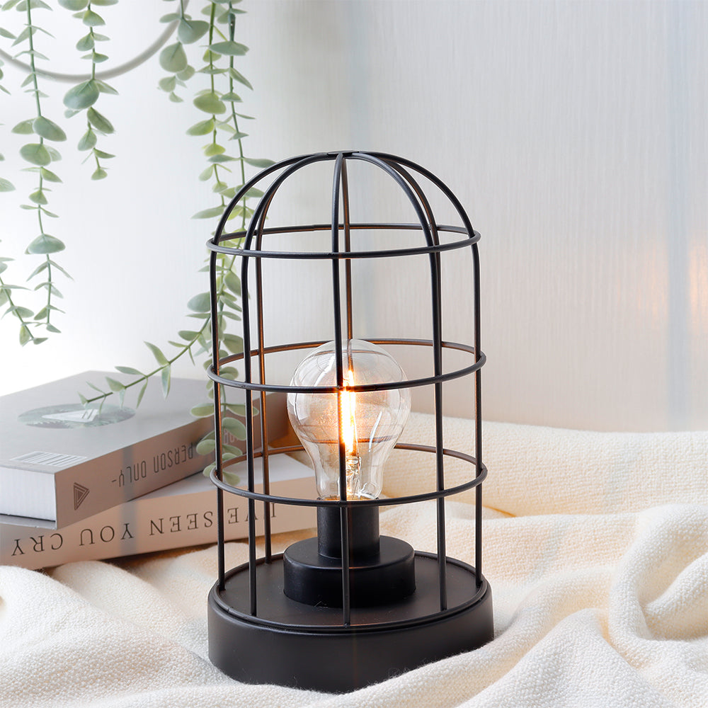 9.5''H Decorative Table Lamp Metal Cage Cordless Lamps with LED Bulb(Black)-0