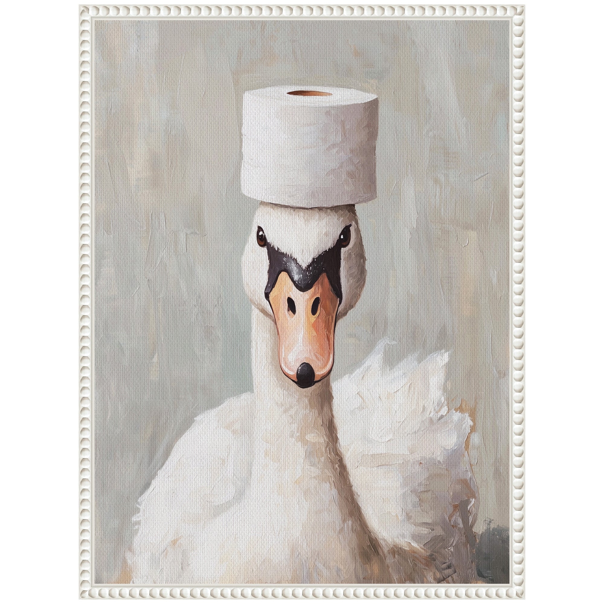 Sylvie Toilet Paper Roll on White Swans Head Bathroom Art Framed Canvas by The Creative Bunch Studio