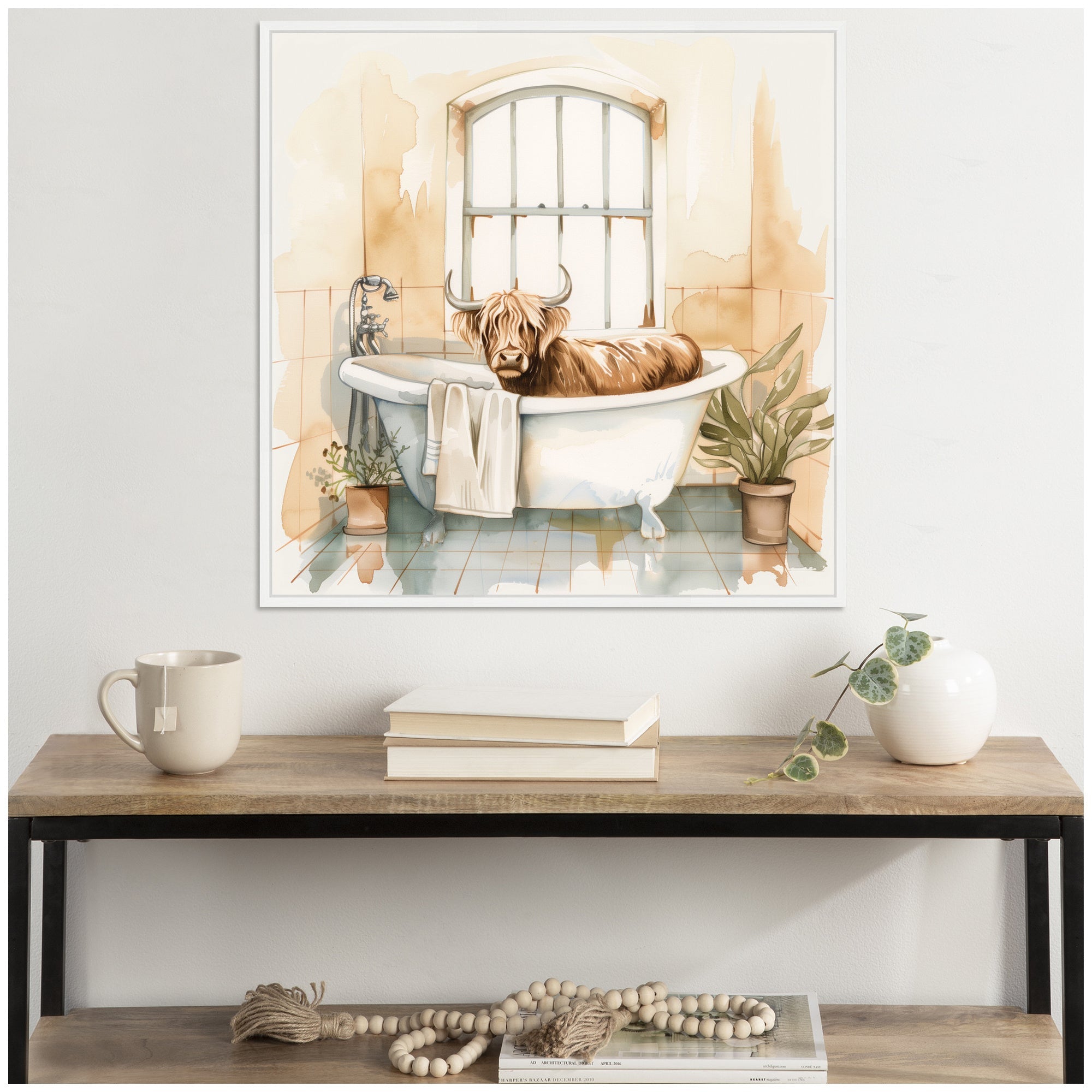 Sylvie Highland Cow Bathroom Watercolor Framed Canvas by The Creative Bunch Studio