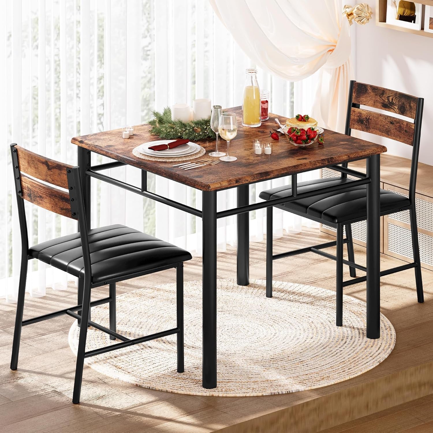 Space Saving Dining Table Set For Two Rustic Brown Finish