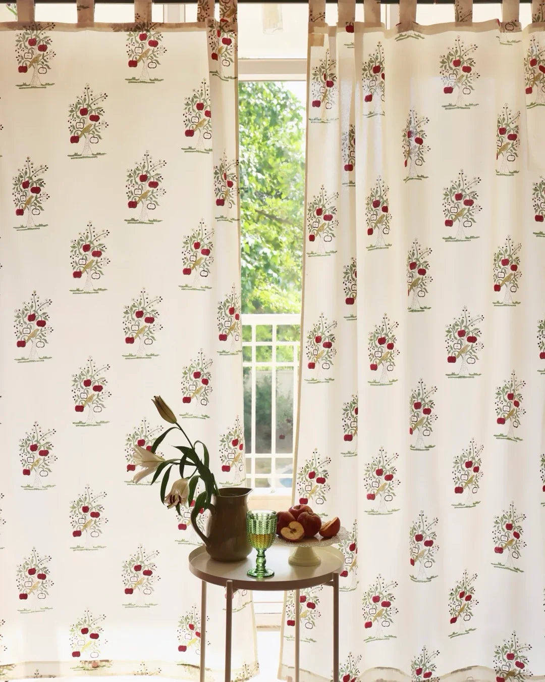 Cream & Red Hand Block Printed Linen Curtains | Apple Tree Design-2
