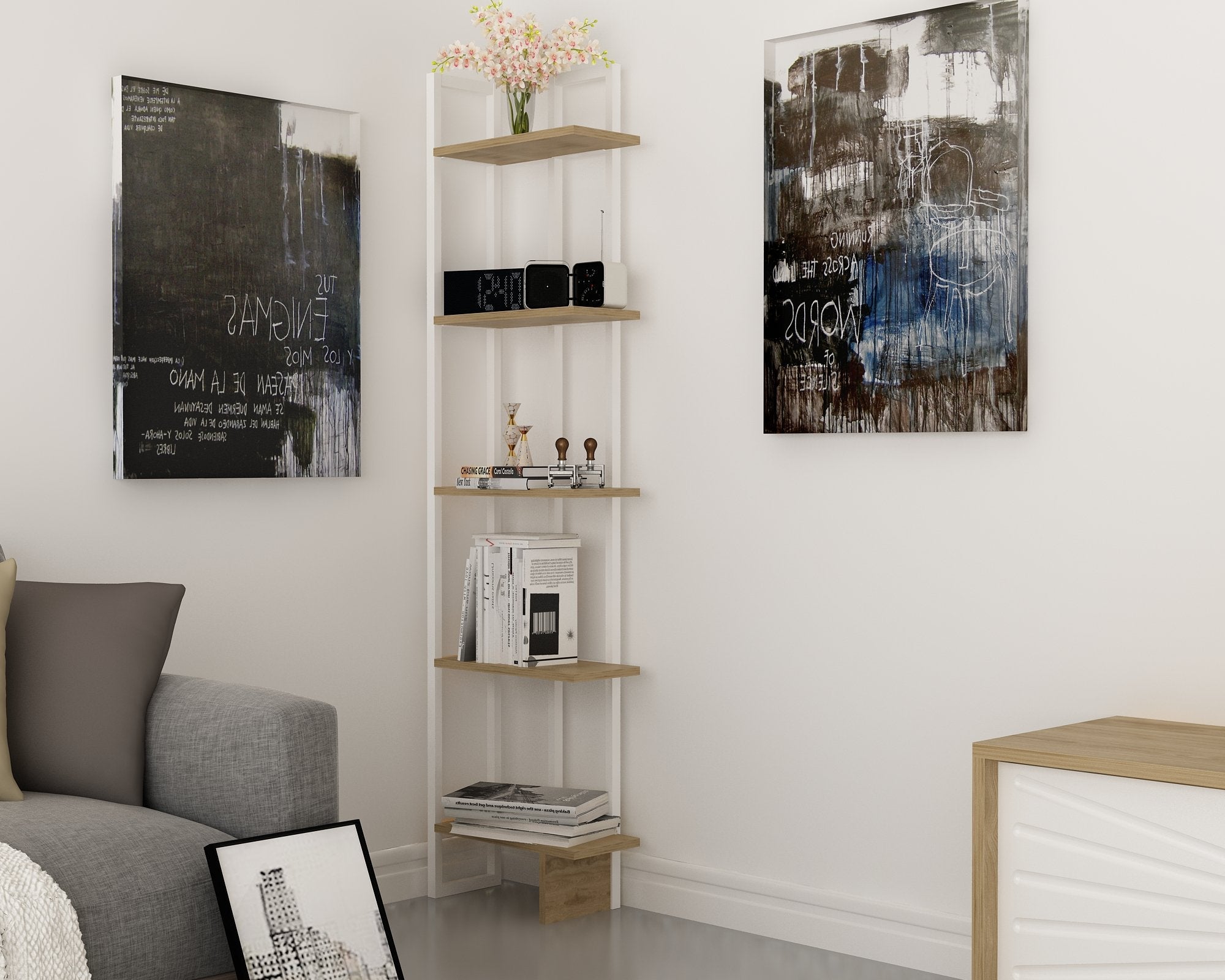 Alice 71" Tall Metal Manufactured Wood Bookcase | Corner Bookcase