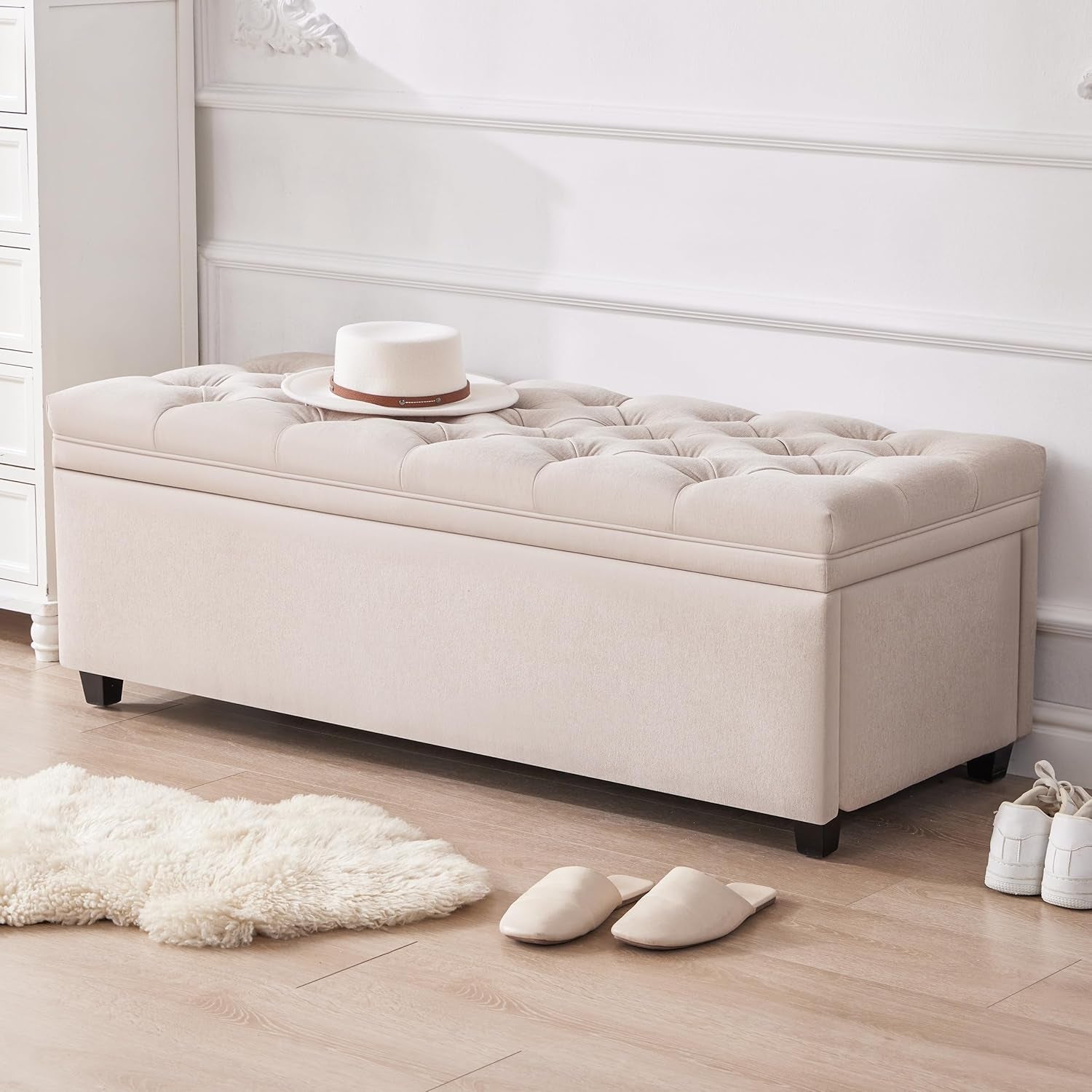 50 Inch Beige Tufted Storage Ottoman Bench Upholstered