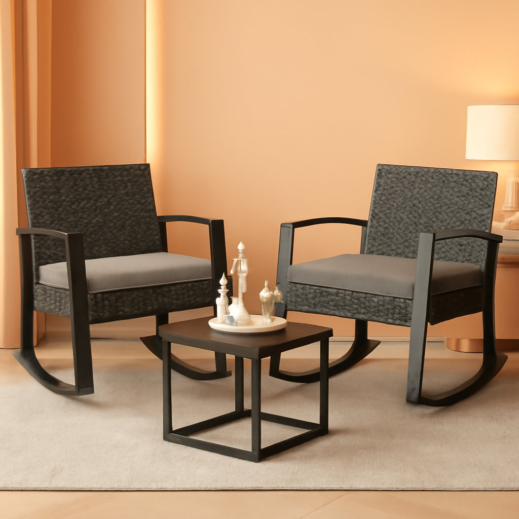 3 Piece Rattan Rocking Bistro Set With Coffee Table Outdoor Patio Furniture Grey Cushions