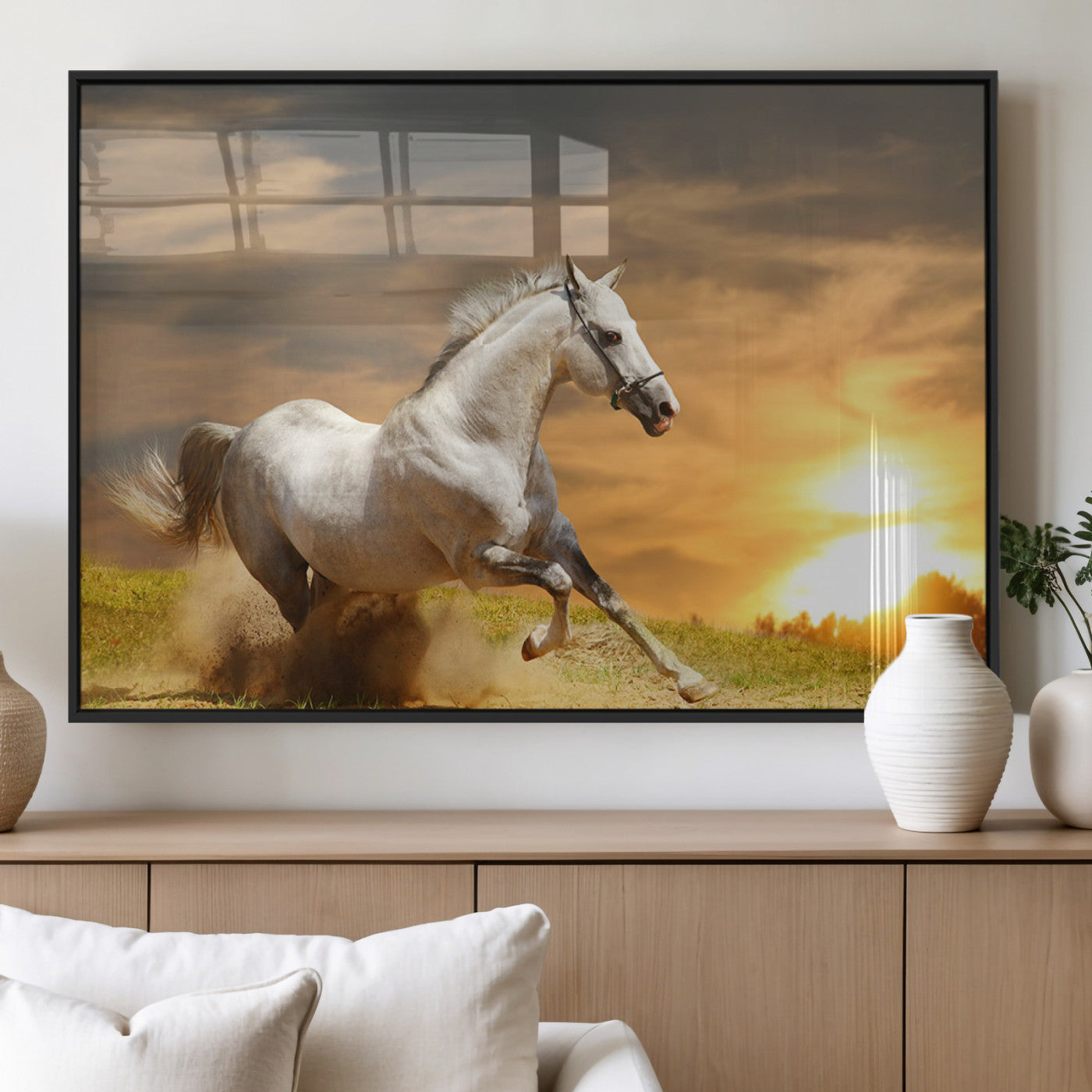 White Horse Running Canvas Sunset Wall Art