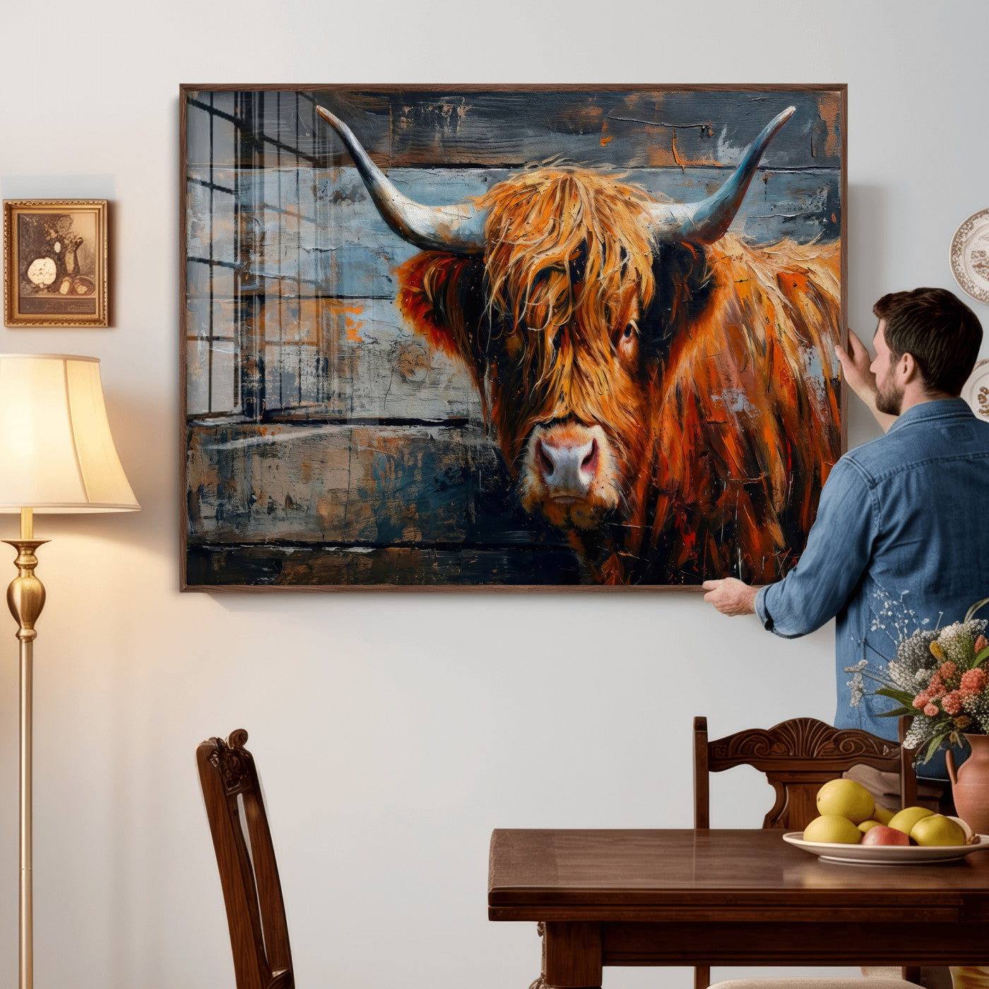 Highland Cow Wall Art Canvas Print, Abstract Rustic Farm
