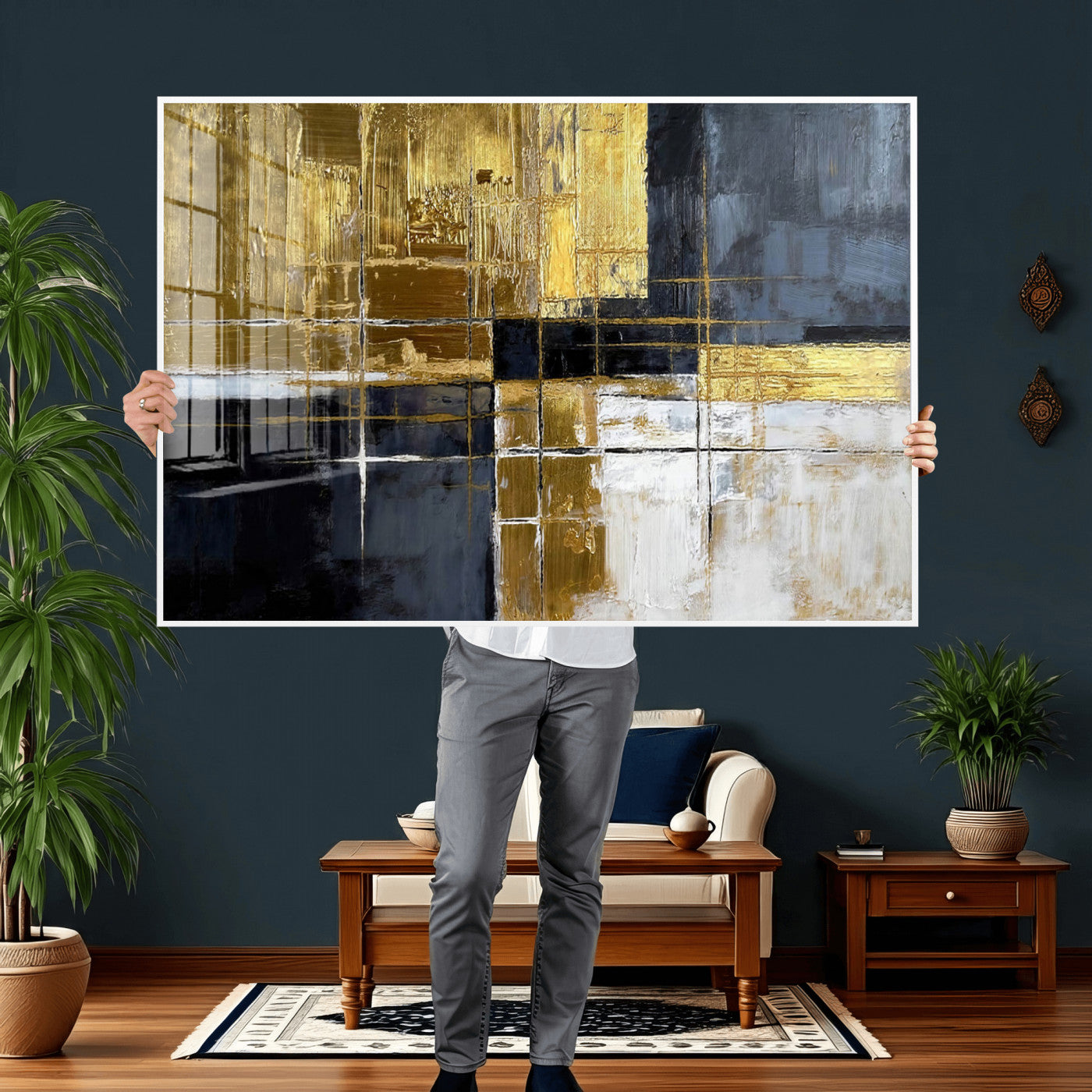 Gold Navy Abstract Wall Art Canvas Print, Modern Luxury