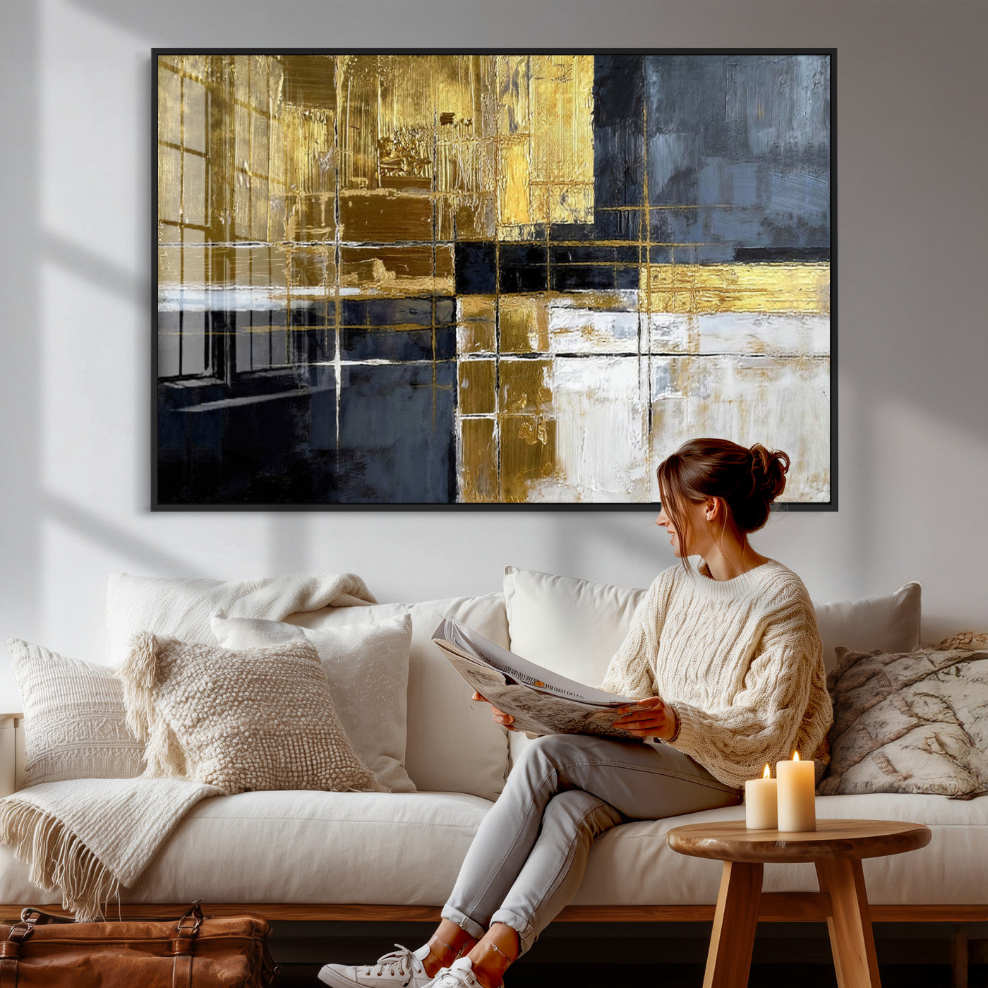 Gold Navy Abstract Wall Art Canvas Print, Modern Luxury