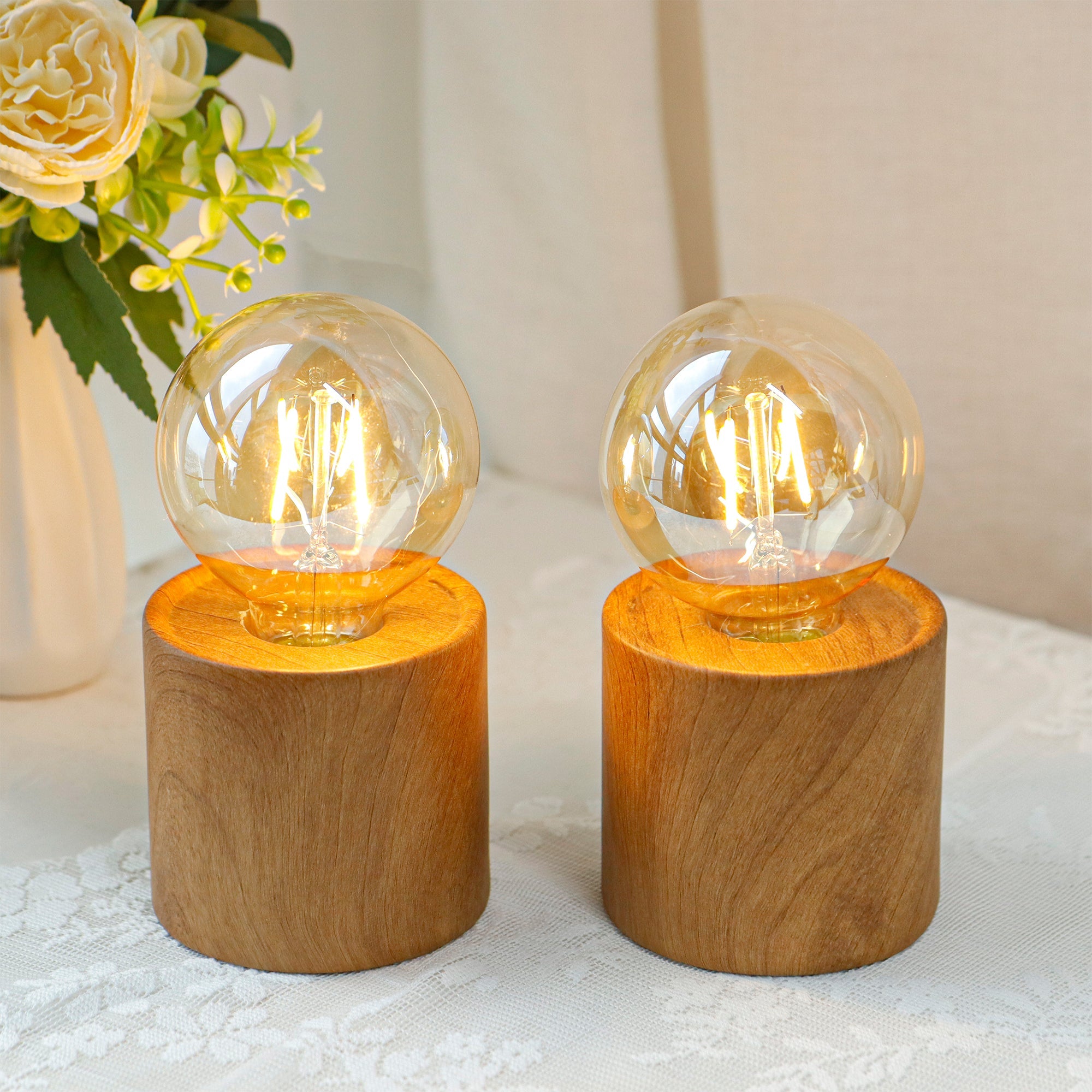 JHY DESIGN Set of 4 Wood Grain Table Lamp 6.5" Tall Cordless Lamp Light with Edison Style Bulb and 6 Hours Timer Battery Operated Lamp Great for Living Room Weddings Parties Patio Indoors Outdoors-0
