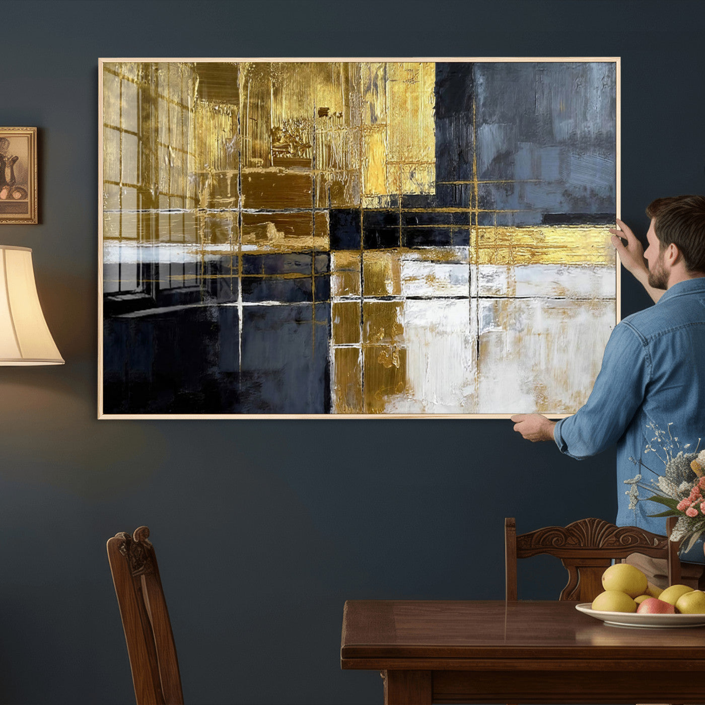 Gold Navy Abstract Wall Art Canvas Print, Modern Luxury