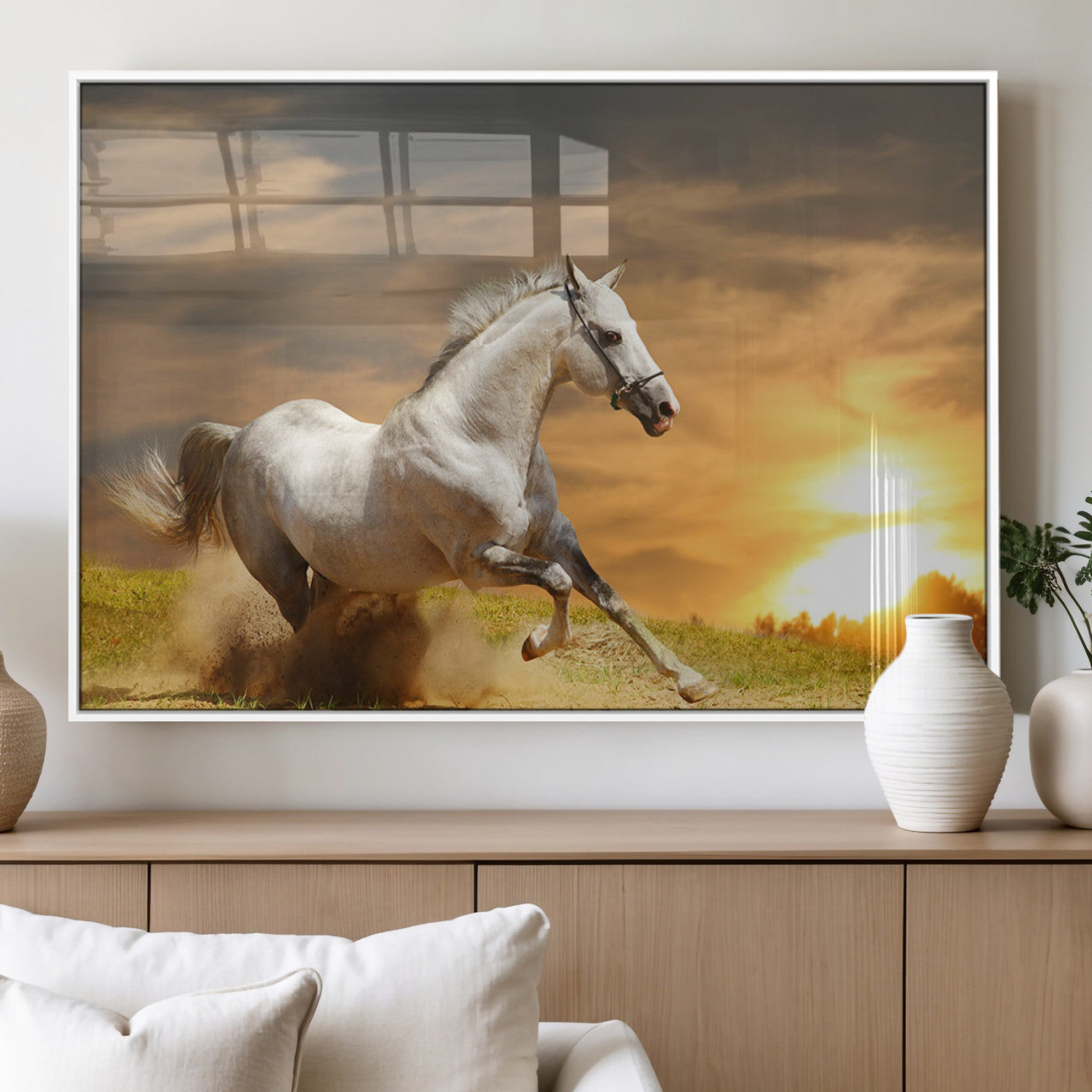 White Horse Running Canvas Sunset Wall Art