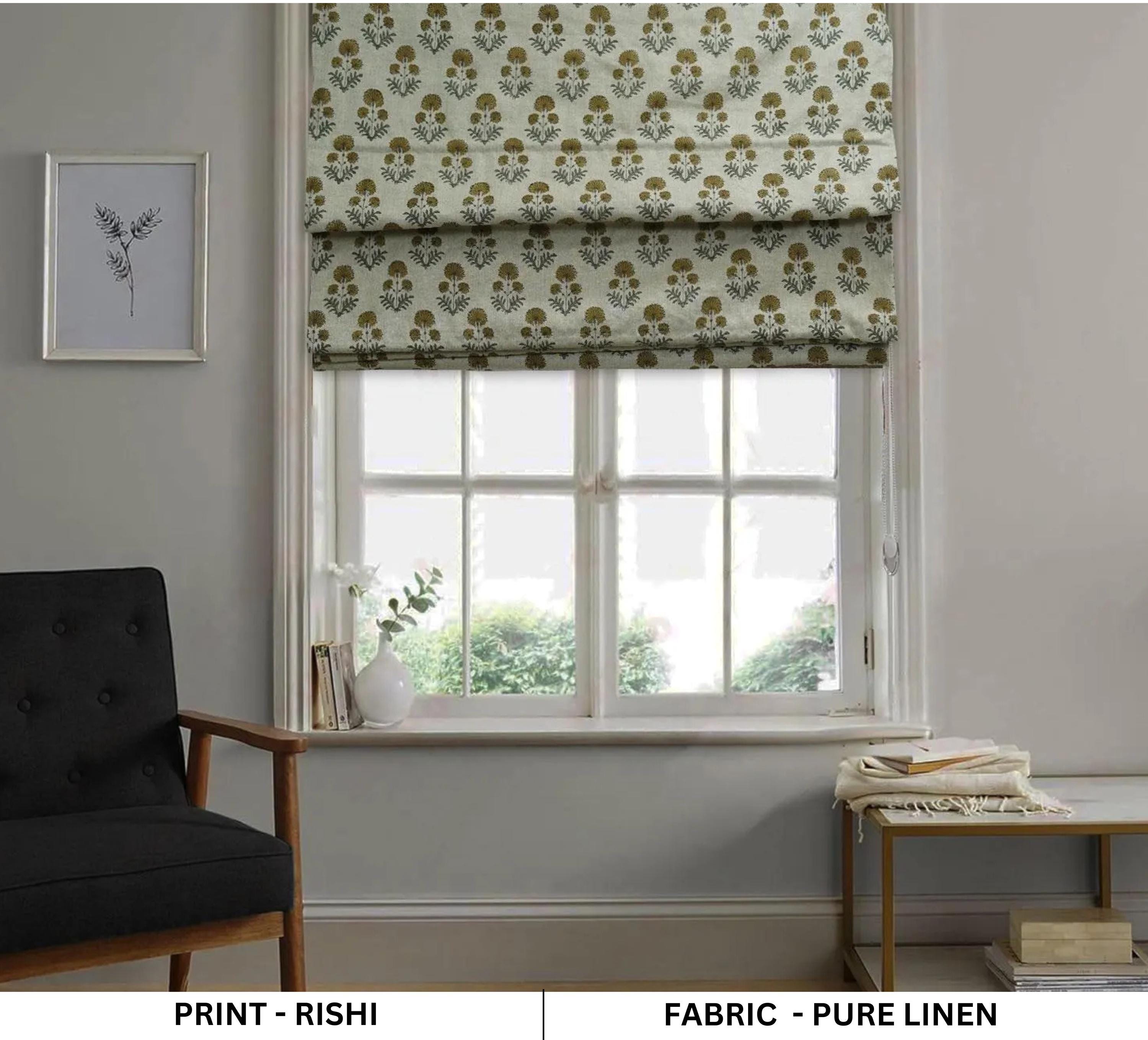 Block Print Floral Linen Roman Shade Blind - Rishi