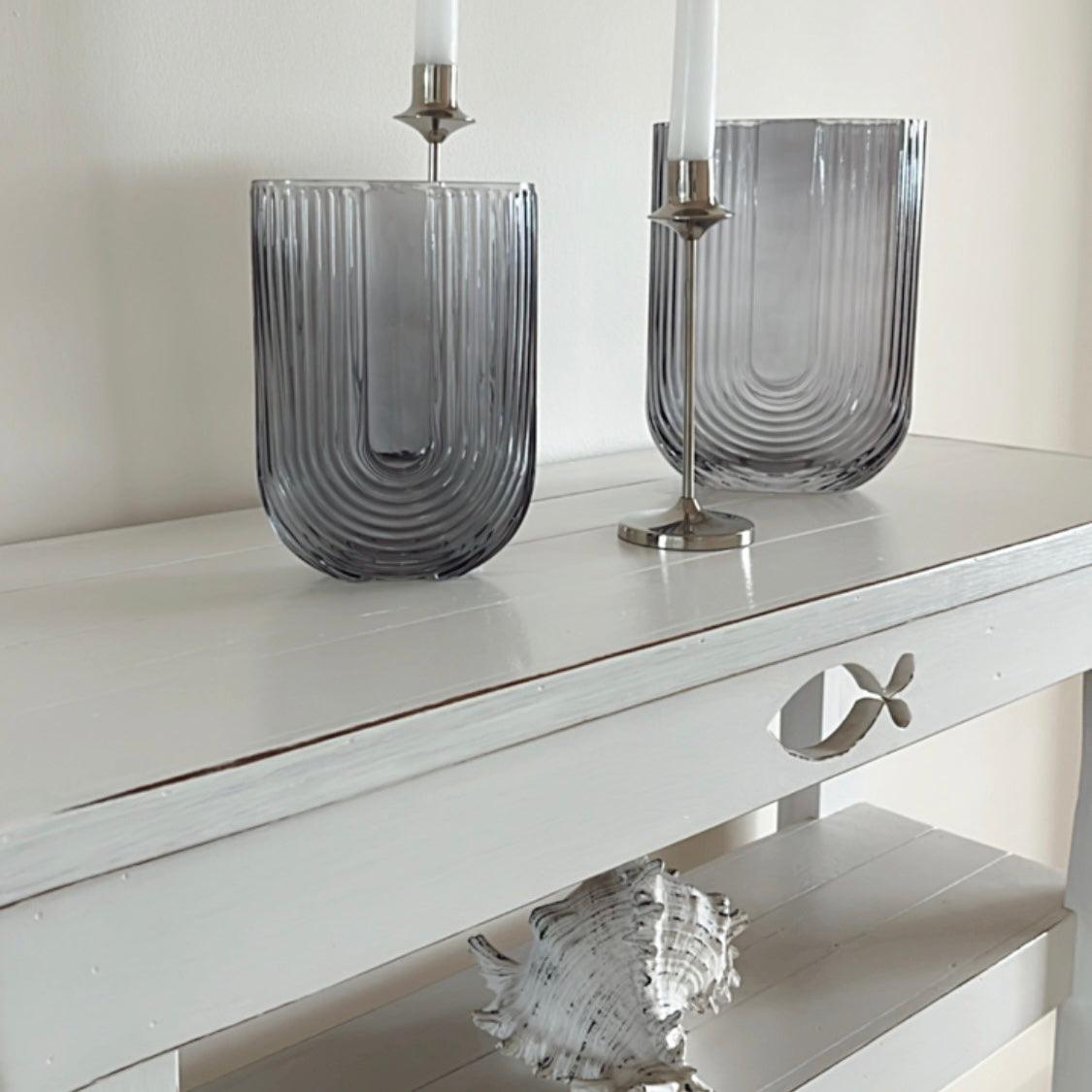 Ribbed U Shaped Glass Vase-Large-Grey - PRHOMZ