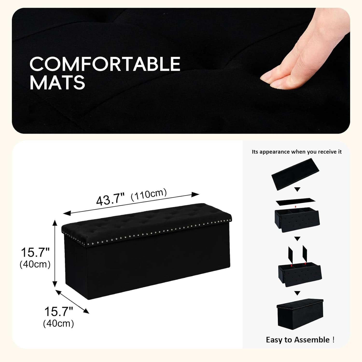 Jet Black Storage Ottoman Bench Seat 43.3 Inch Length