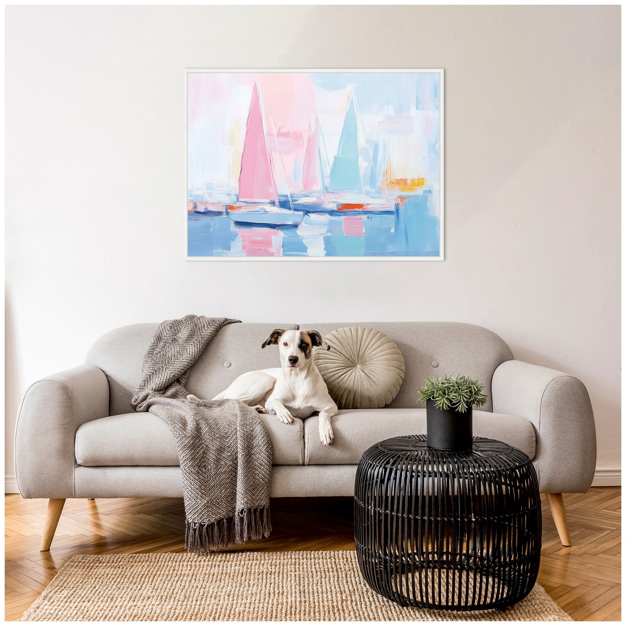 Sylvie Abstract Sailboat Harbor Landscape Pastel and Pops of Color Framed Canvas by The Creative Bunch Studio