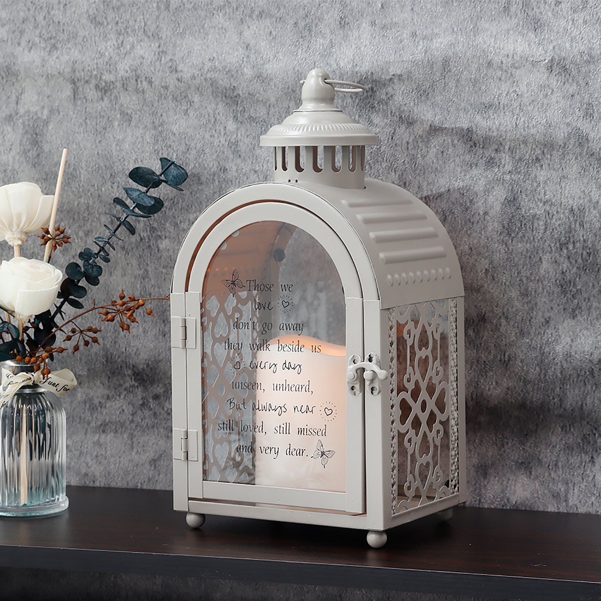 11''High Remembrance Lantern with Timer Candle Bereavement Sympathy Gift Memorial Lantern (Grey)-0