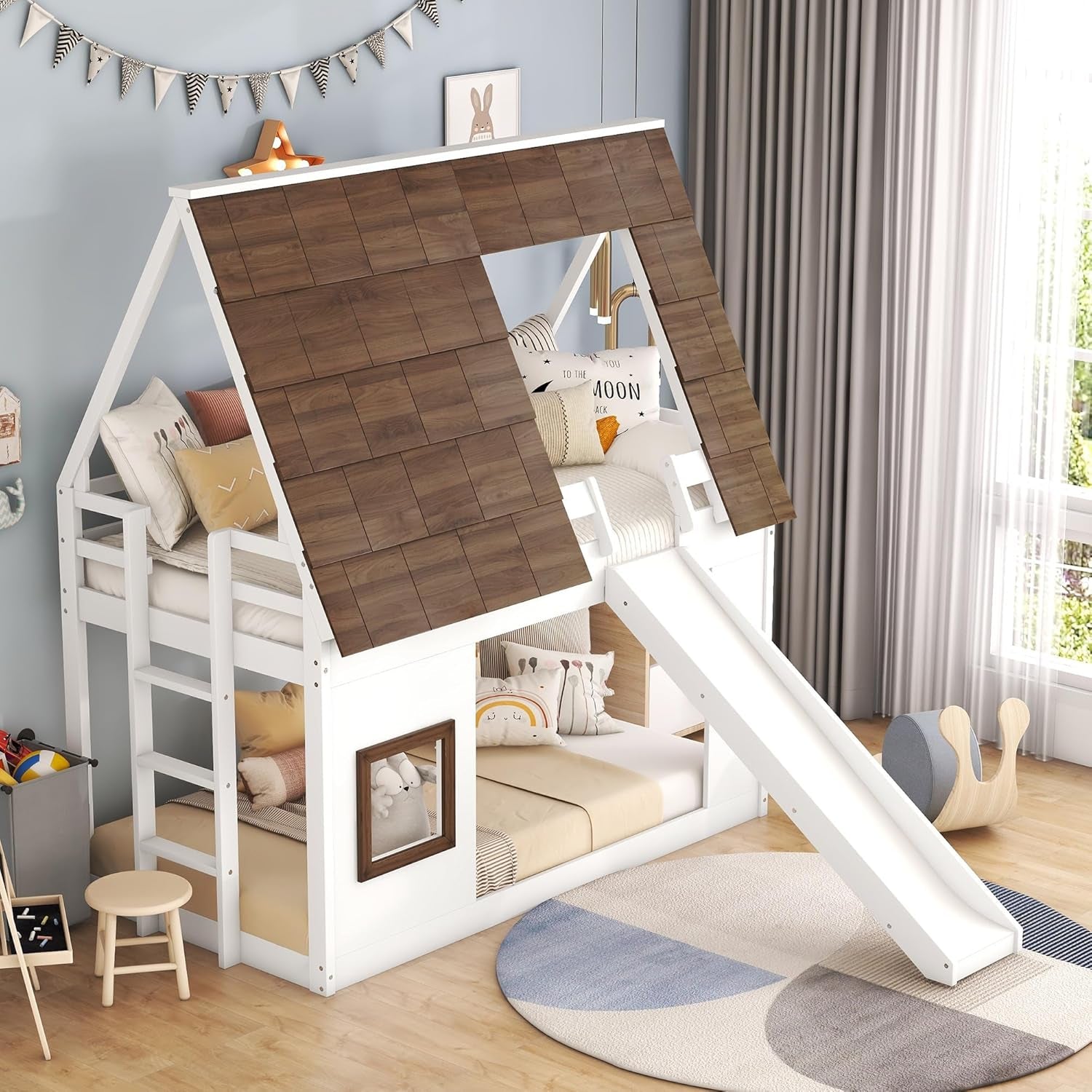 Bunk Bed Twin over Twin, Bunk Bed with Slides and Stairs, House Bunk Bed with Roof, Twin Bunk Bed for Kids, Teens, Kids Bunk Beds, White+Brown-3