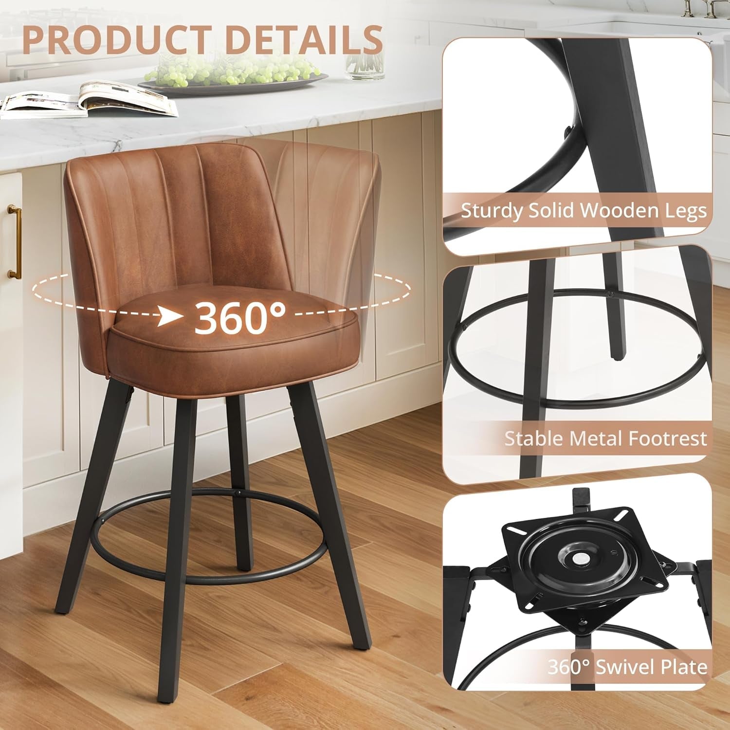Set of 3 26 Inch Counter Height Bar Stools Swivel Wood Legs