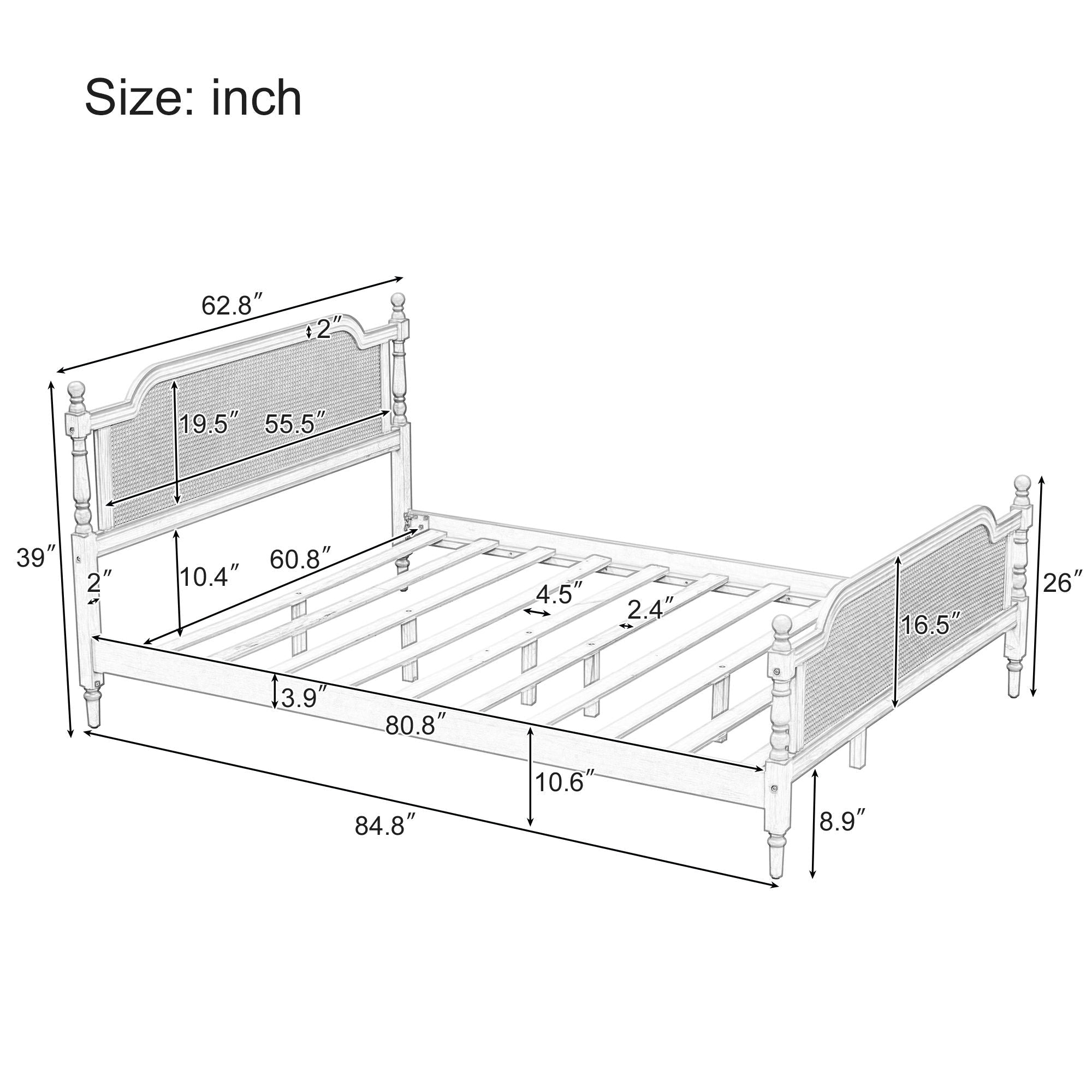 Traditional Style Rattan Bed Frame, No Box Spring Needed