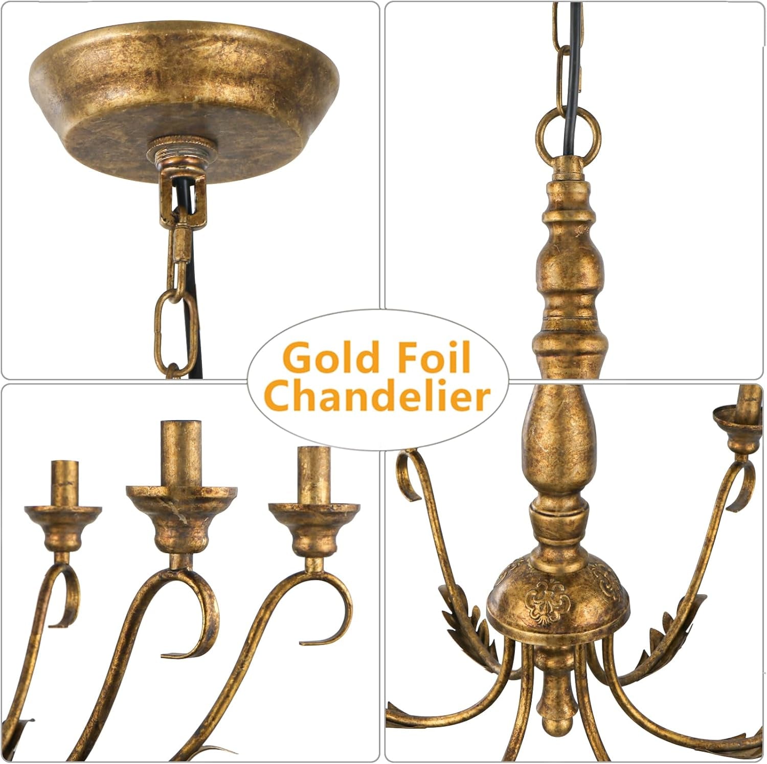 Six Light Farmhouse Chandelier Vintage Brass Fixture-2