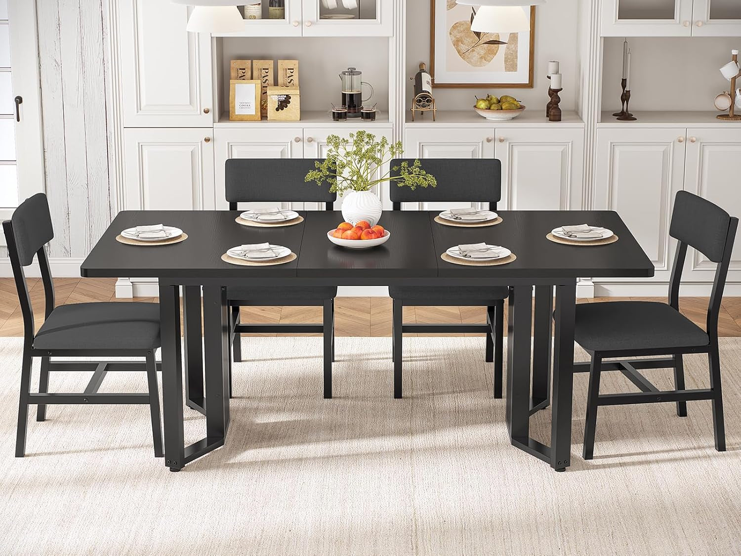 63 Inch Extendable MDF Board Dining Table Set Black Finish