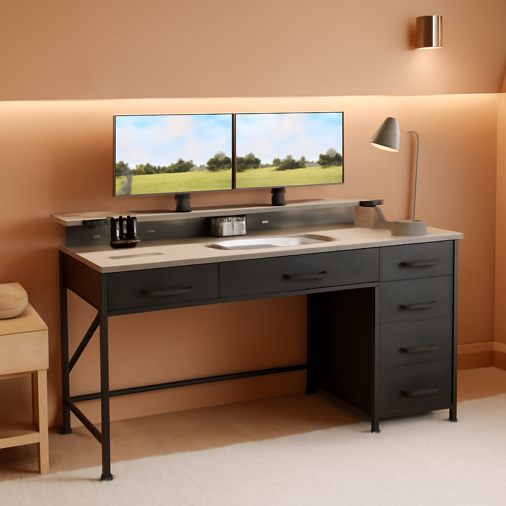 47 Inch Grey Gaming Desk With LED Lights And Drawers