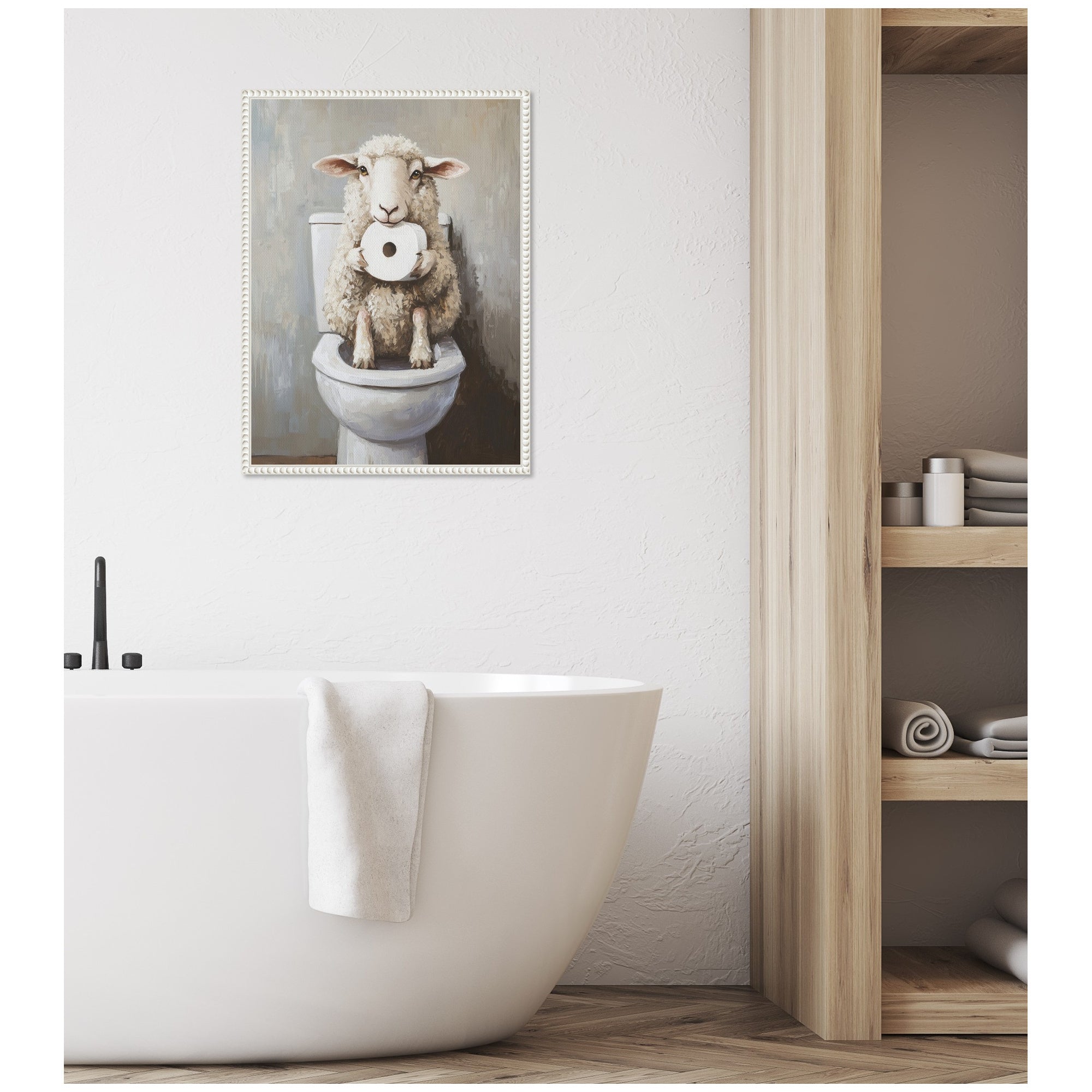 Sylvie Cute Sheep Holding Toilet Paper Roll Toilet Bathroom Art Framed Canvas by The Creative Bunch Studio