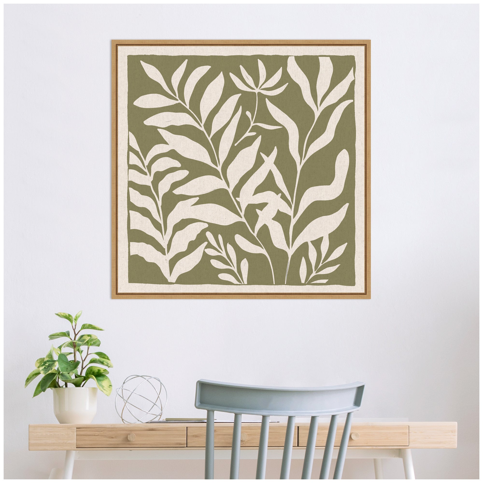 Sylvie Modern Minimalist Botanical Green and Neutral Linen Framed Canvas by The Creative Bunch Studio