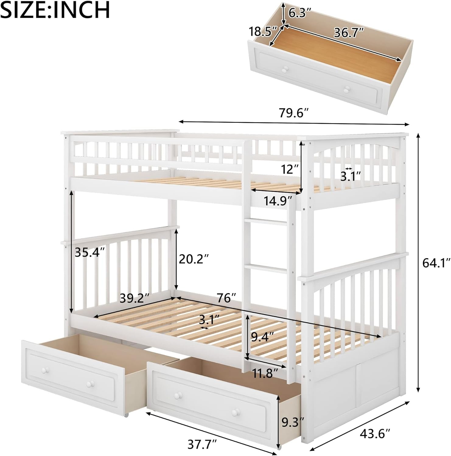 White Convertible Wood Twin Over Twin Bunk Bed With Storage Drawers
