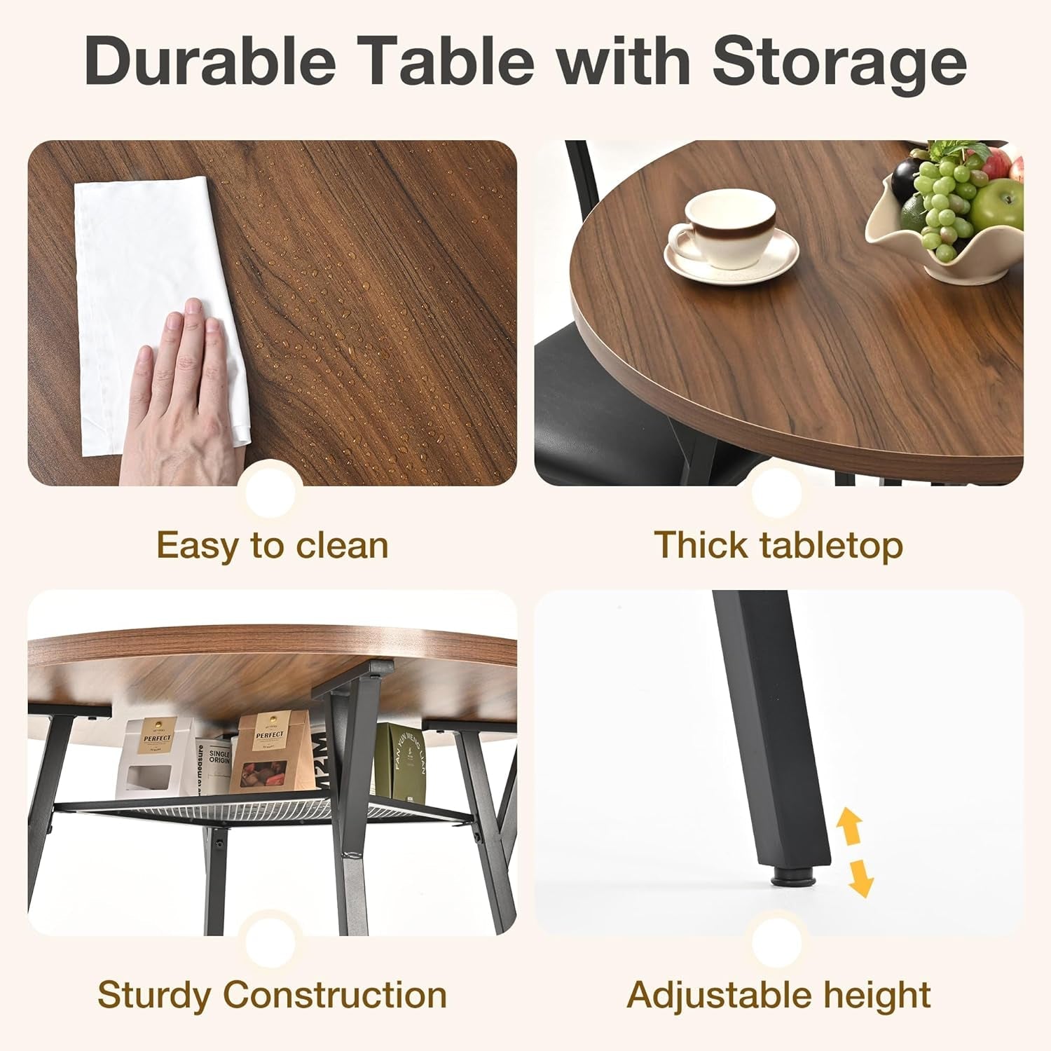 Round Dining Table Set For Four Walnut Wood Finish Metal