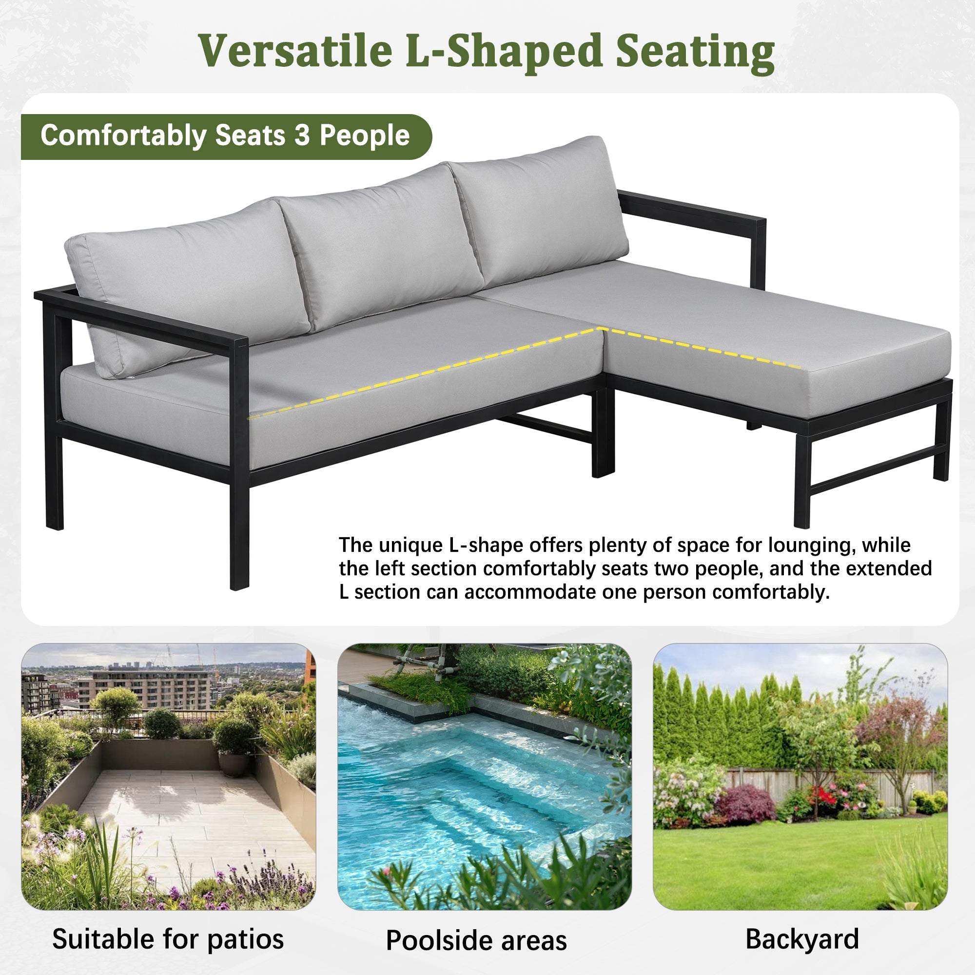 U_style Outdoor L-Shaped Sofa with Iron Frame and Ultra-Thick Cushions