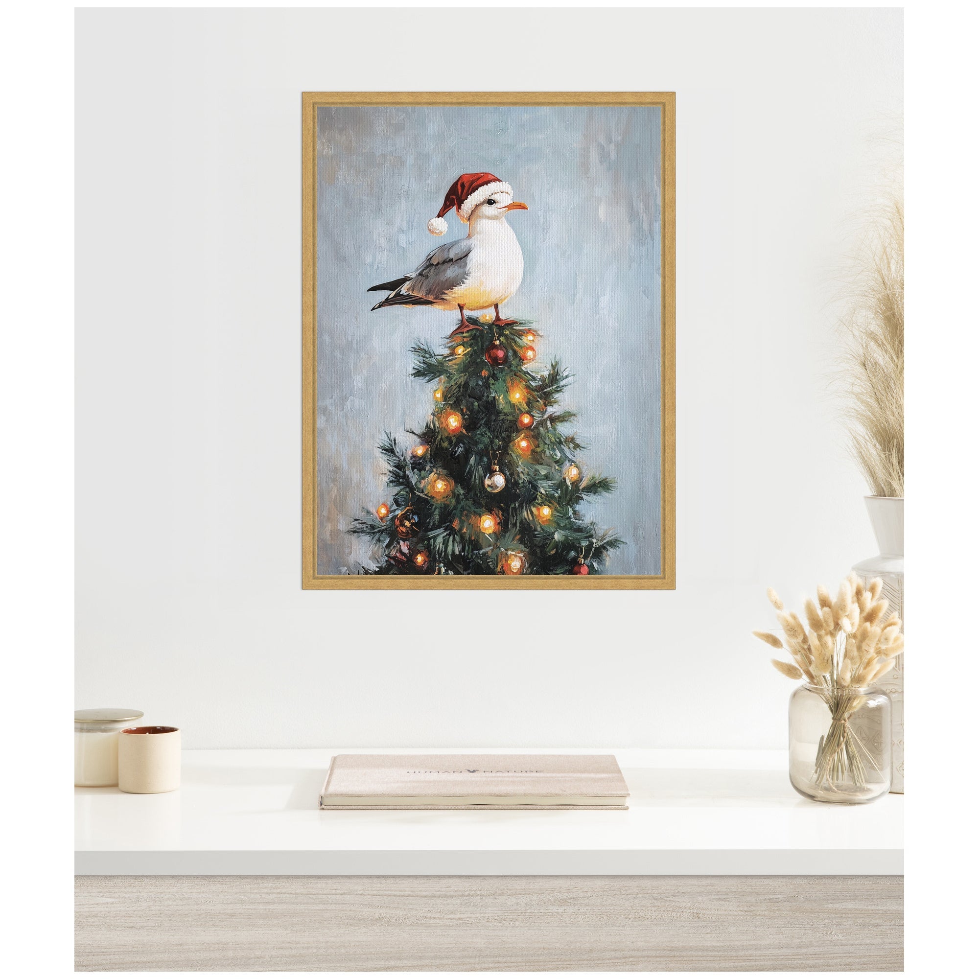 Sylvie Framed Canvas Seagull Santa Hat Festive Holiday Tree by The Creative Bunch Studio