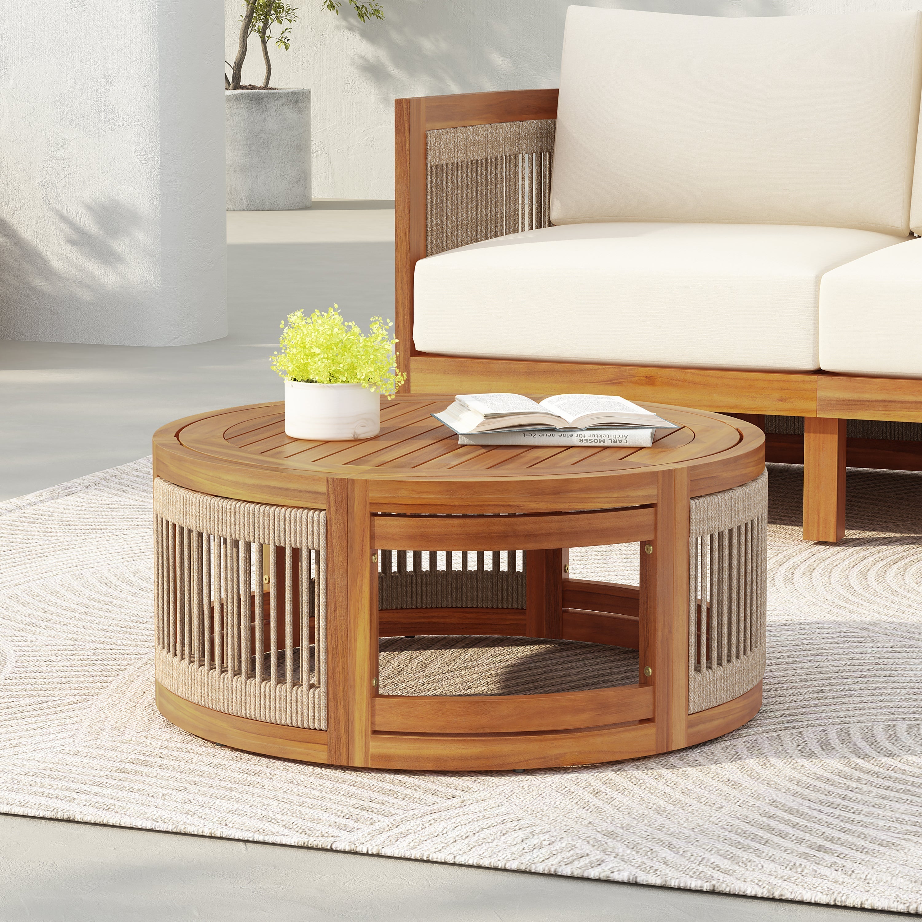 27.95" Acacia Wood Outdoor Coffee Table with Handwoven Rope Accent